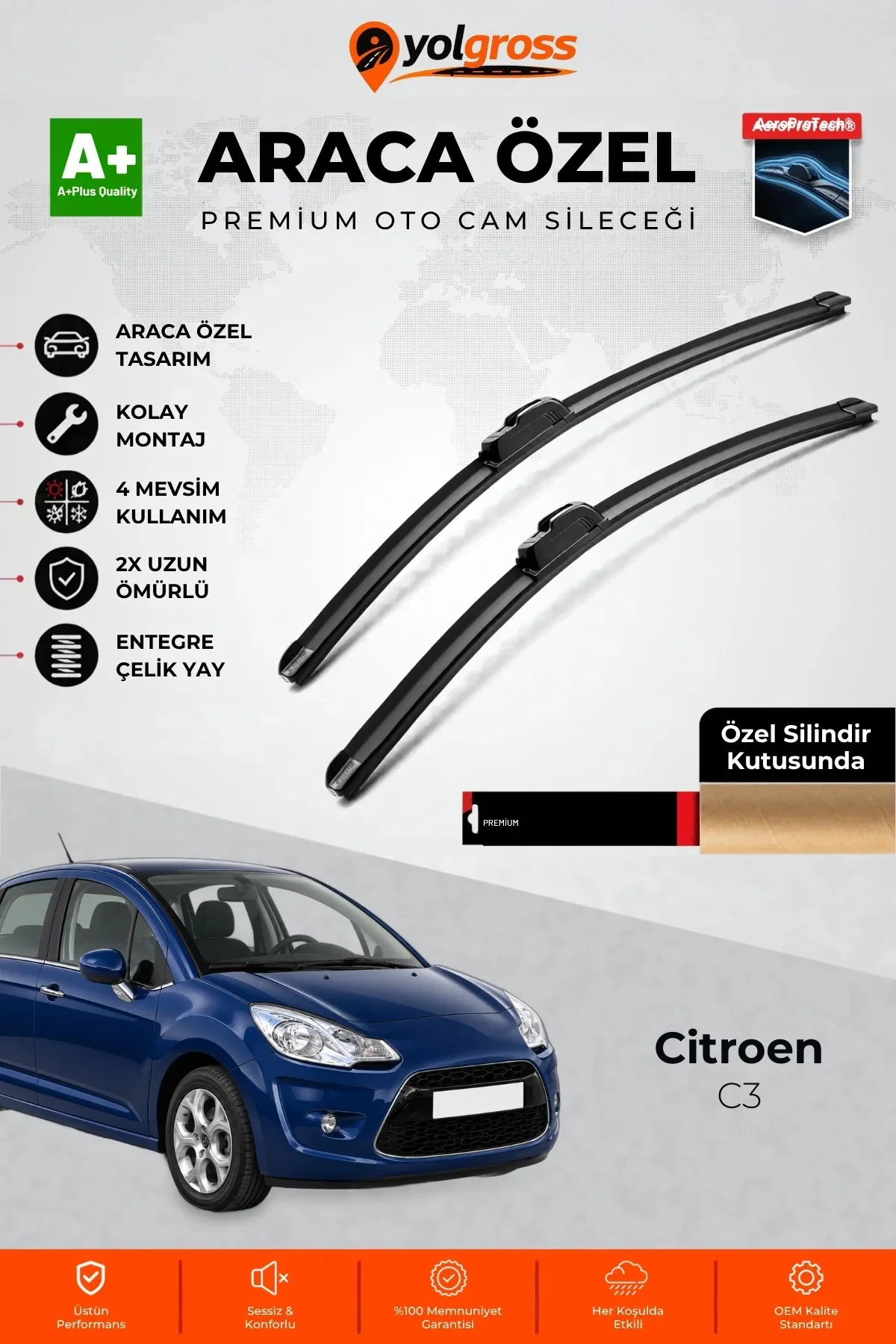 Citroen C3 Ön Cam Silecek Seti 2009-2016 Premium Araca Özel 65-40 Cm A+ Kalite