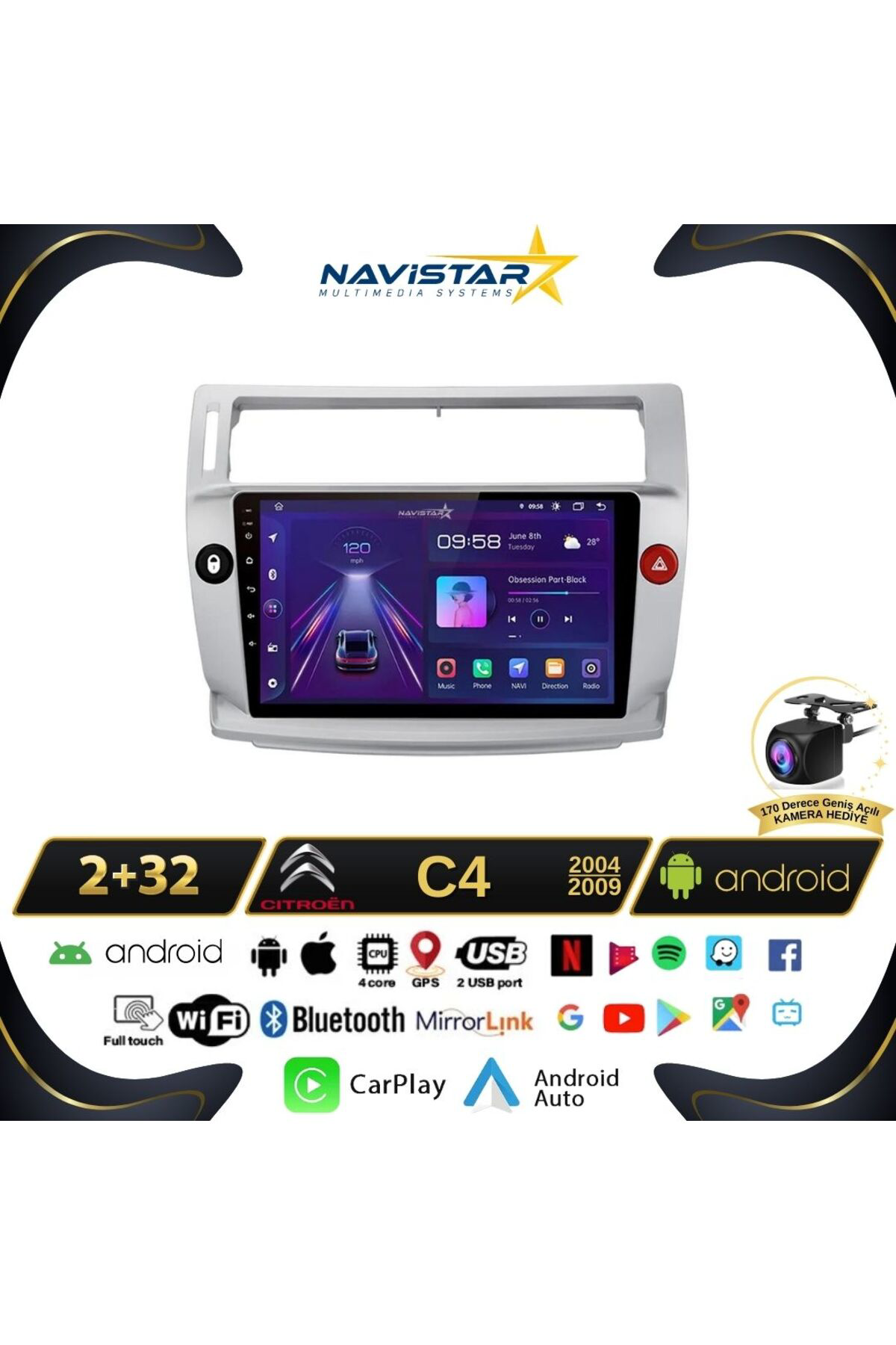 Citroen C4 2004-2009 Model 2gb 64gb Android 13 Kablosuz Carplay N