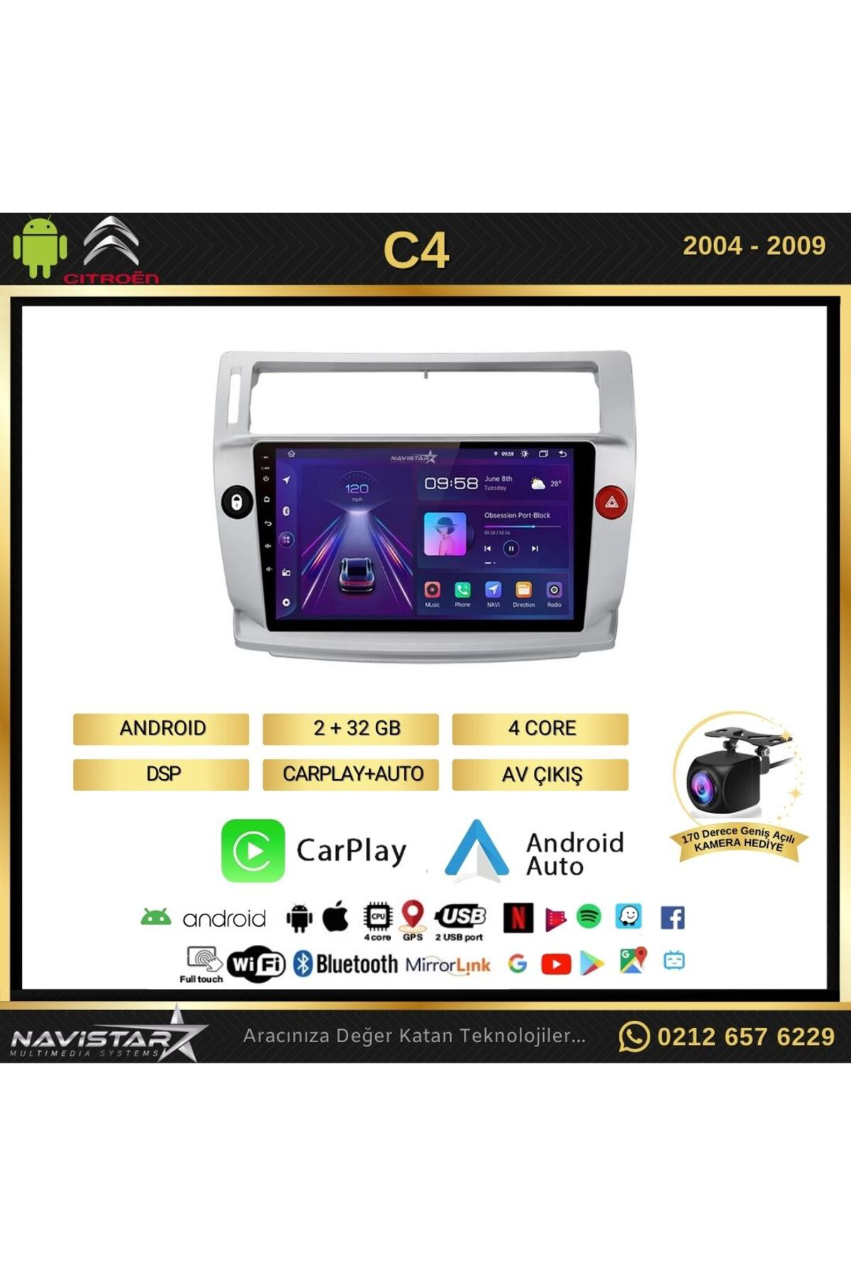 Citroen C4 2004-2009 Model 2gb 64gb Android 13 Kablosuz Carplay N