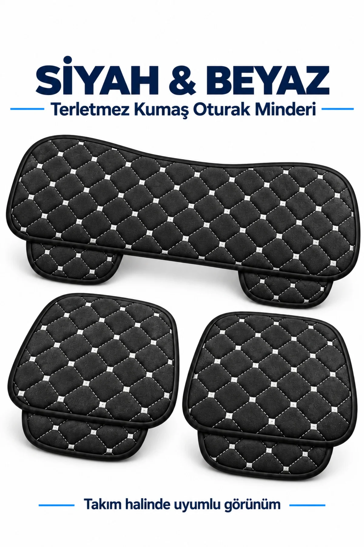 Citroen C4 2011-2018 3'lü Kapitone Kumaş Oturak Minderi Siyah Beyaz - Görsel 2