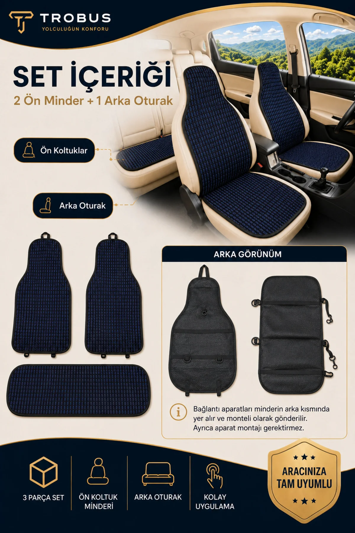 Citroen C4 2011-2018 Uyumlu Örme 3 Parça Oto Koltuk Minderi Terletmez Kaymaz Taban Lacivert - Siyah Fiyatı, Yorumları ve Özellikleri