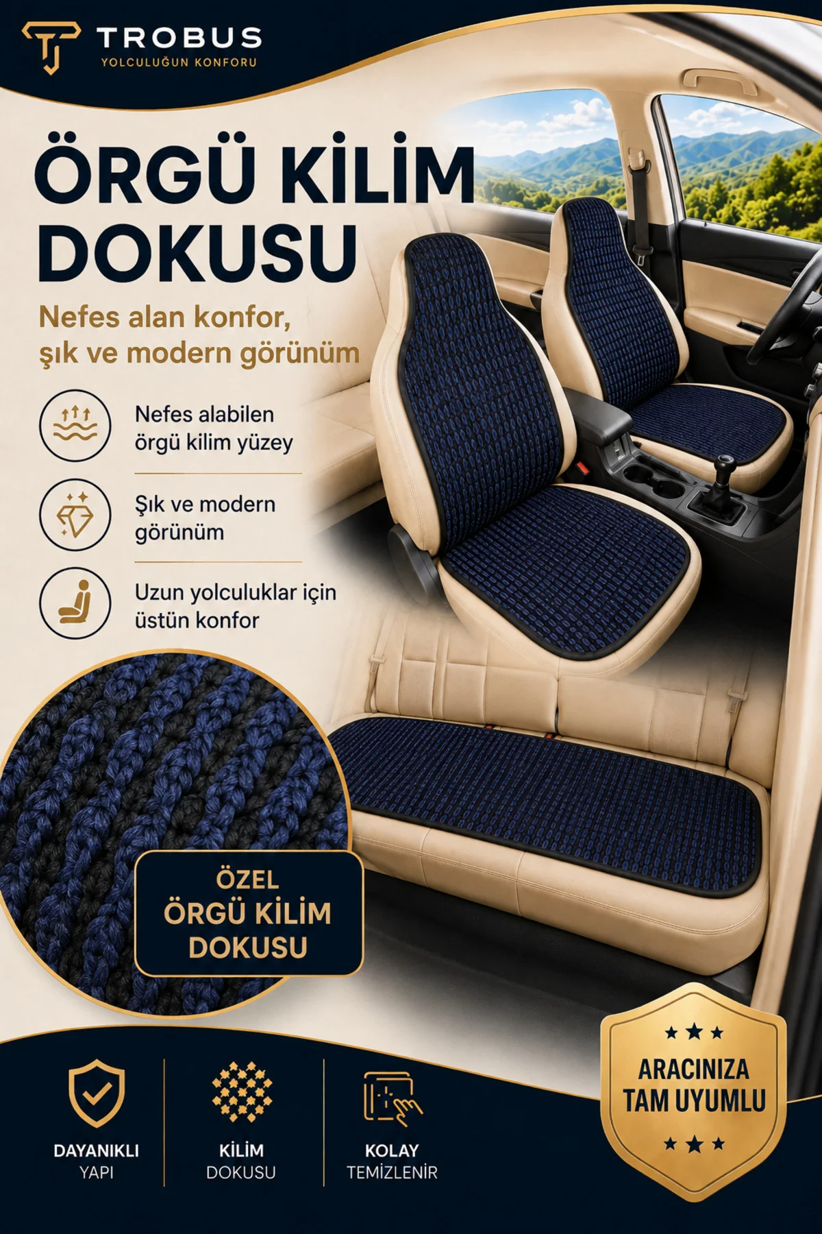 Citroen C4 2011-2018 Uyumlu Örme 3 Parça Oto Koltuk Minderi Terletmez Kaymaz Taban Lacivert - Siyah Fiyatı, Yorumları ve Özellikleri