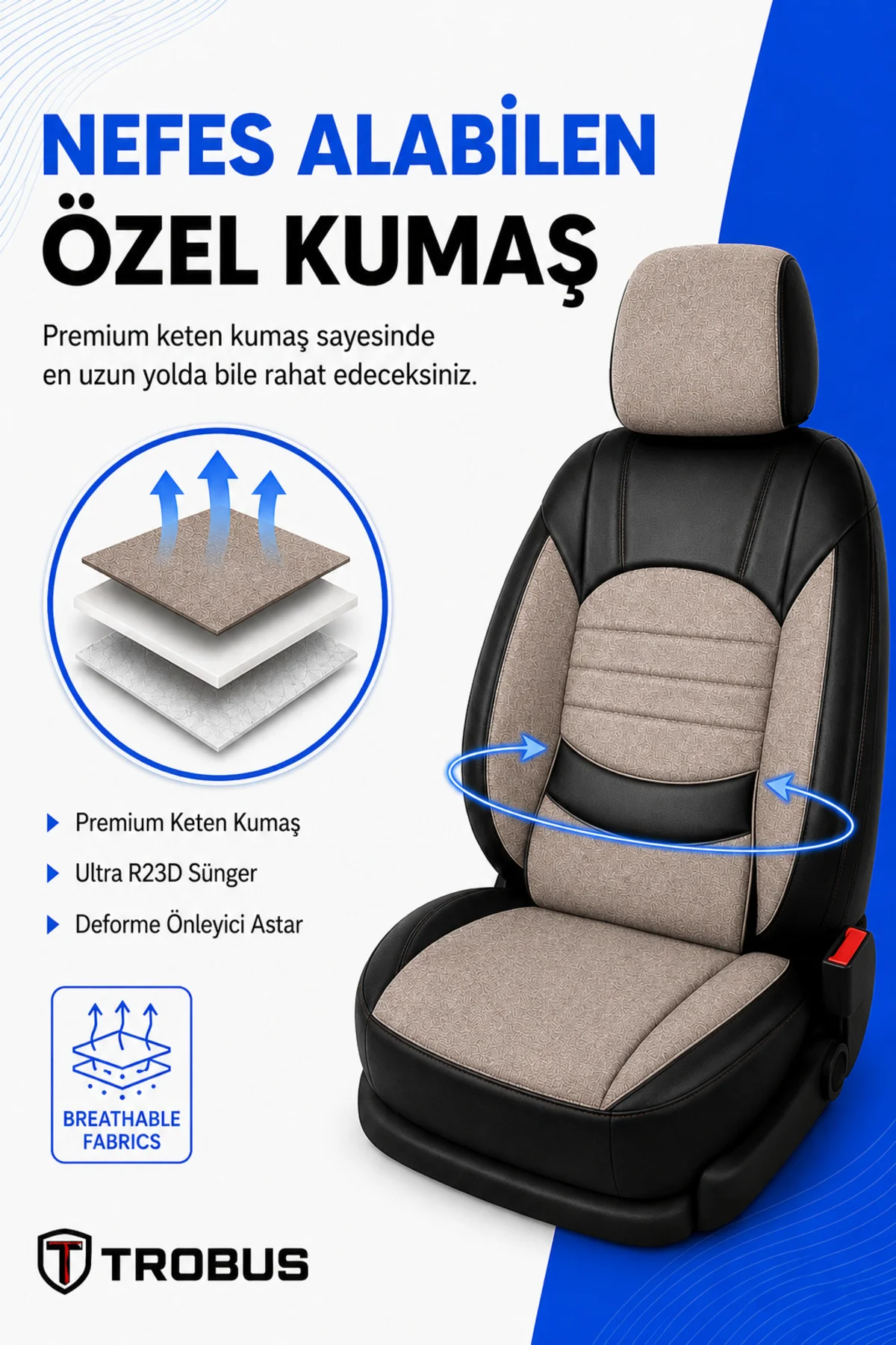 Citroen C4 Cactus 2016-2019 Uyumlu Levante Serisi Bel Destekli Keten Bej Siyah Koltuk Kılıfı