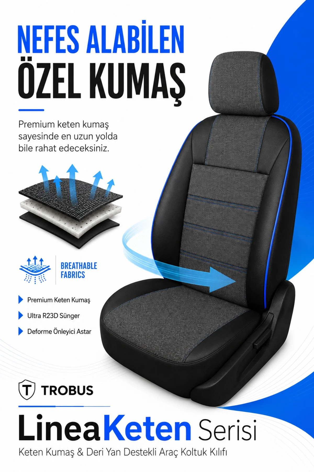 Citroen C4 Cactus 2016-2019 Uyumlu LineaKeten Serisi Ortopedik Füme Mavi Koltuk Kılıfı