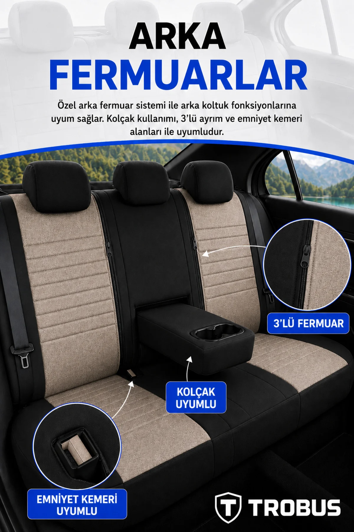 Citroen C4 Cactus 2016-2019 Uyumlu Levante Serisi Bel Destekli Keten Bej Siyah Koltuk Kılıfı