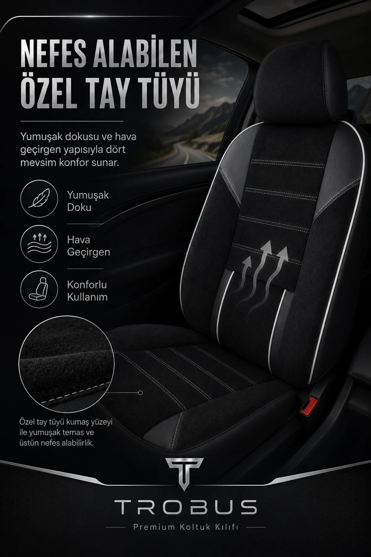 Citroen C4 Cactus 2016-2019 Uyumlu Nova Serisi Tay Tüyü Bel Destekli Siyah Beyaz Koltuk Kılıfı