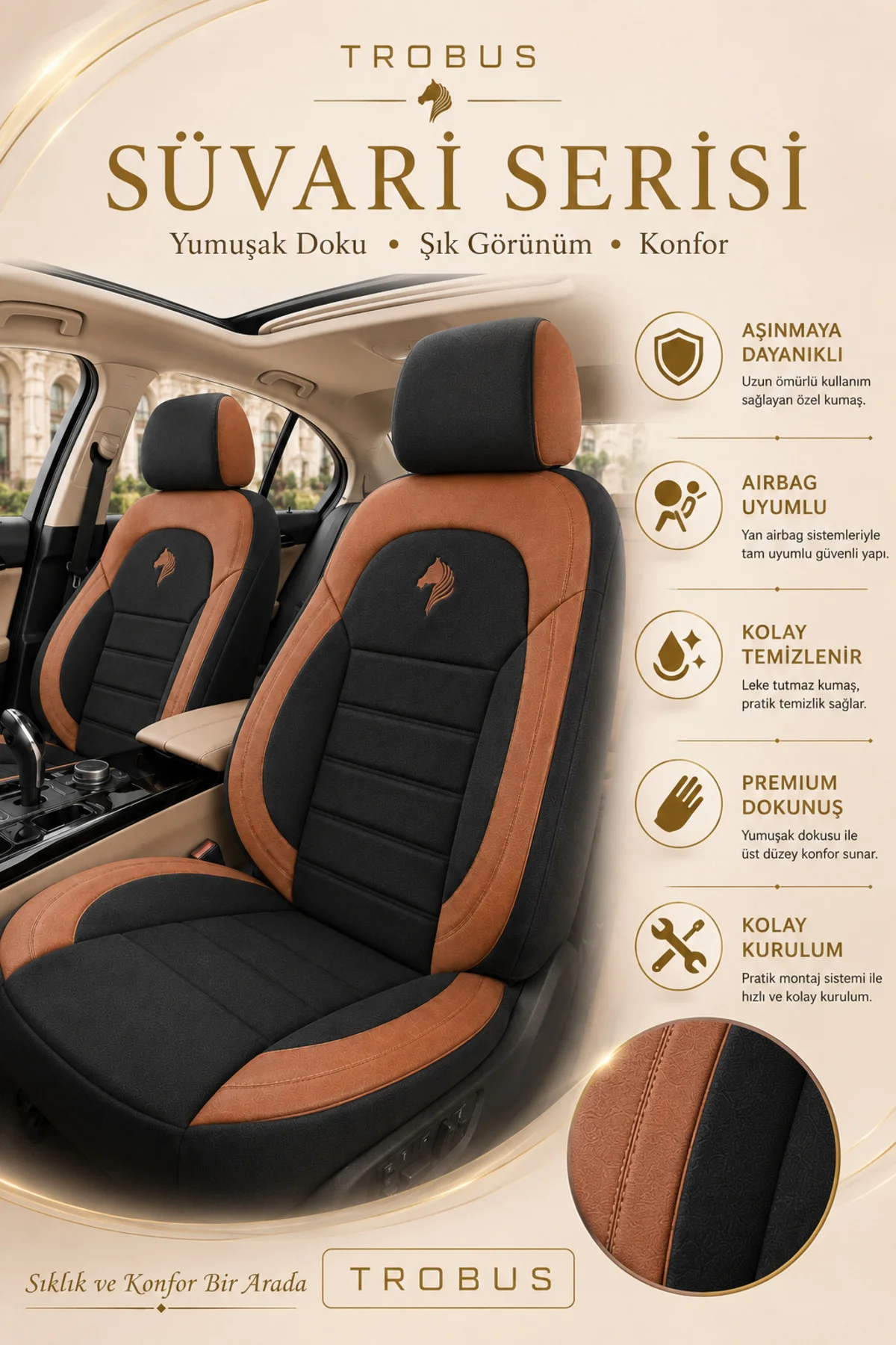 Citroen C4 X 2022 Sonrası Uyumlu Süvari Serisi Siyah Taba Premium Tay Tüyü Koltuk Kılıfı