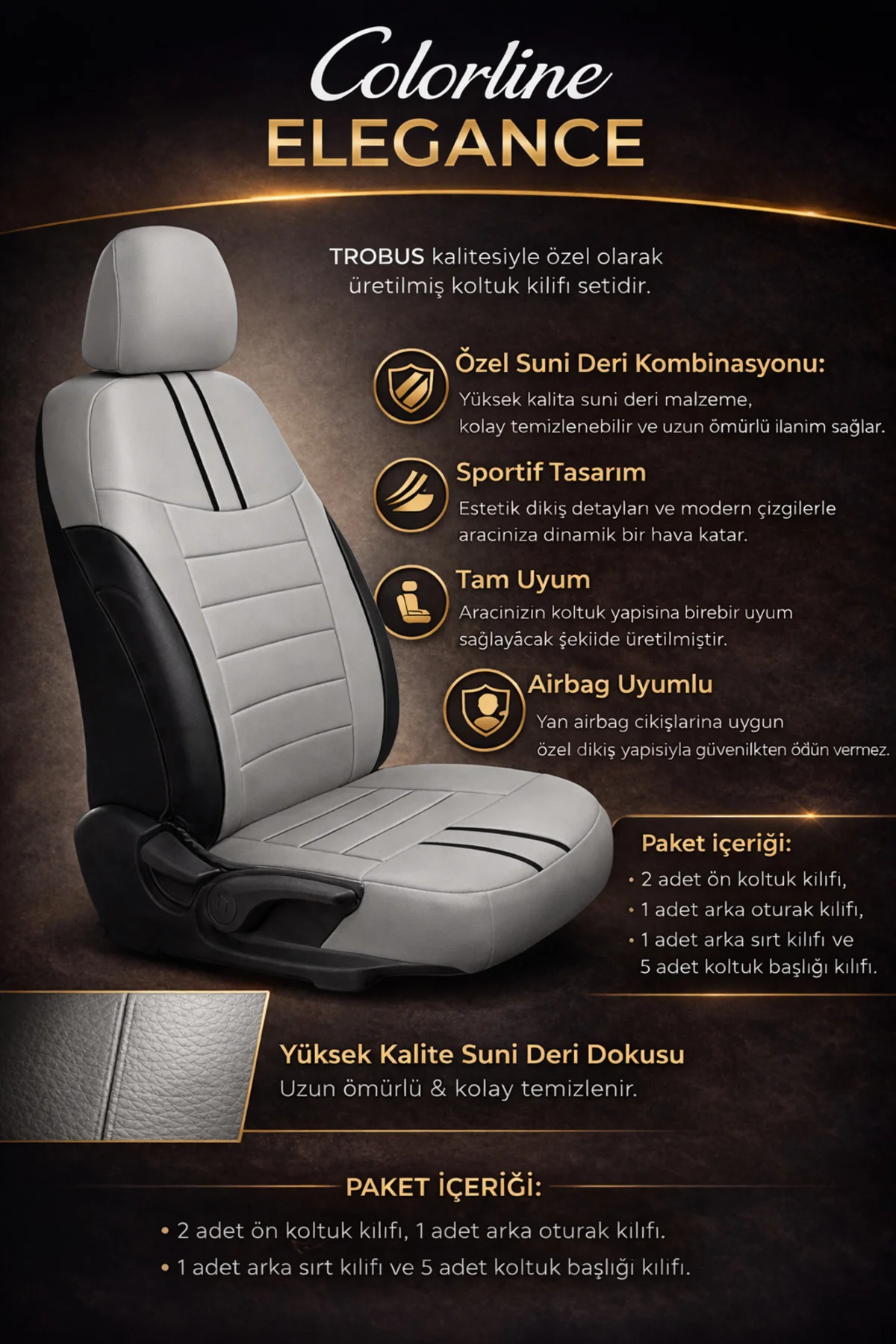 Citroen C4 X 2022 ve Sonrası Uyumlu Colorline Elegance Deri Gri Siyah Koltuk Kılıfı