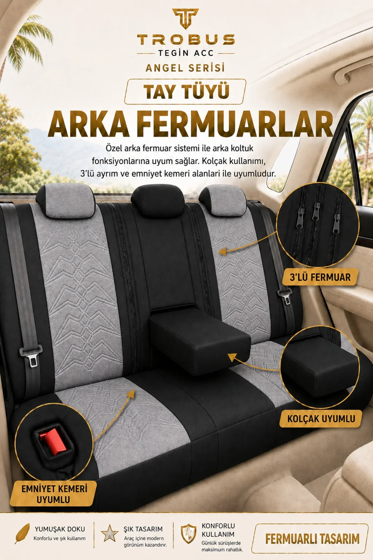 Citroen C5 2008-2017 Uyumlu Angel Serisi Tay Tüyü Koltuk Kılıfı Gri Siyah - Görsel 5