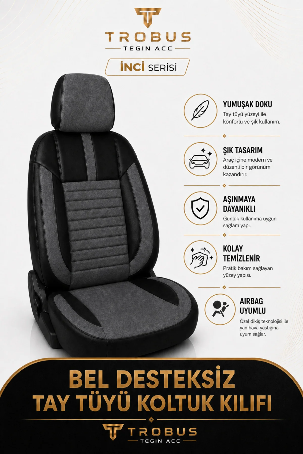 Citroen C5 2008-2017 Uyumlu İnci Serisi Tay Tüyü Füme Siyah Premium Koltuk Kılıfı