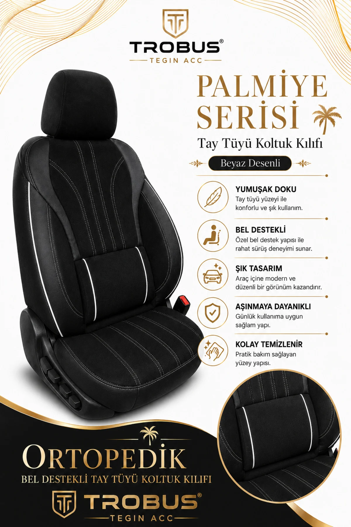 Citroen C5 2008-2017 Uyumlu Palmiye Serisi Siyah Beyaz Bel Destekli Tay Tüyü Koltuk Kılıfı