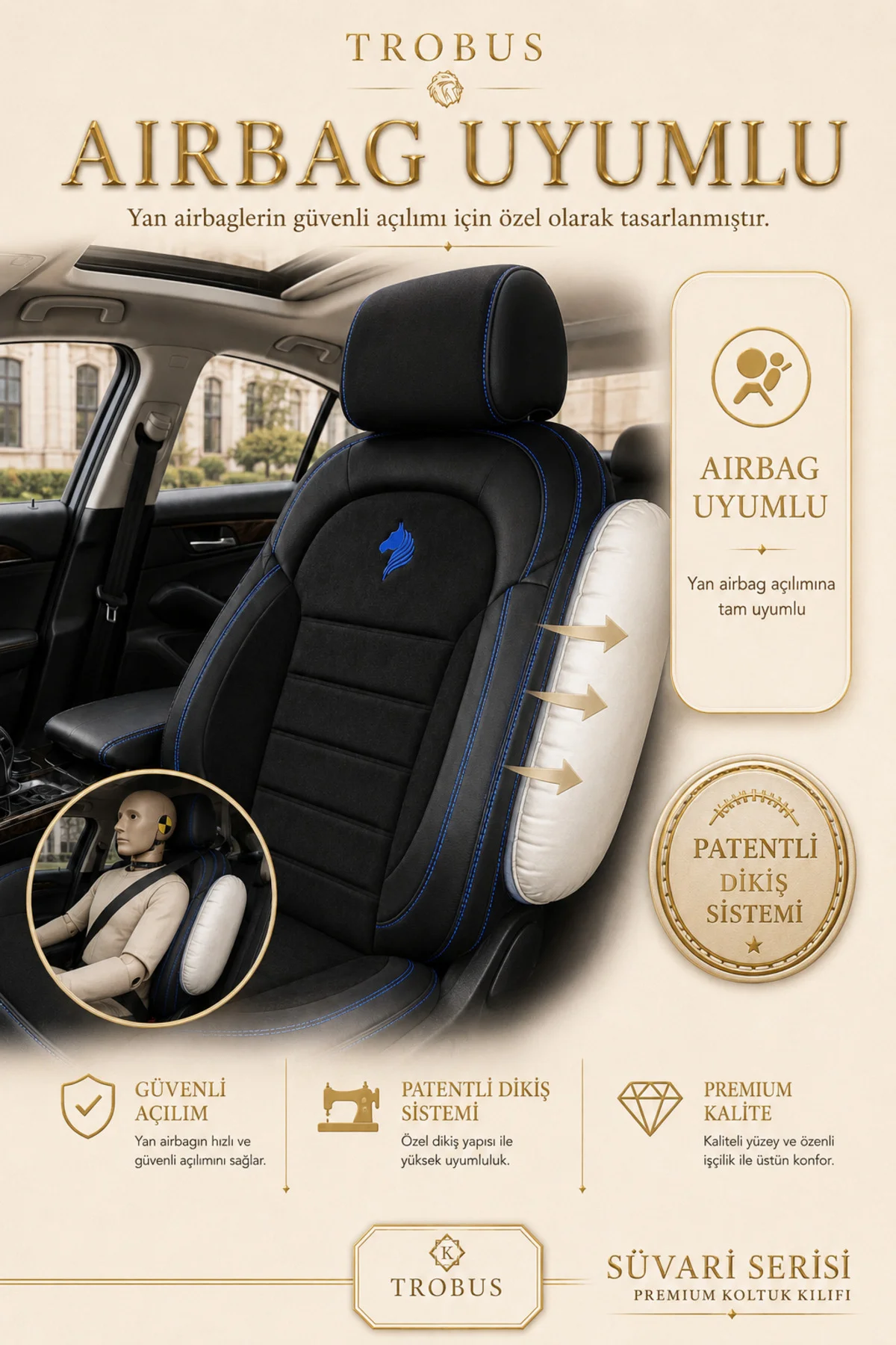 Citroen C5 2008-2017 Uyumlu Süvari Serisi 2+1 Ticari Tay Tüyü Siyah Mavi Koltuk Kılıfı