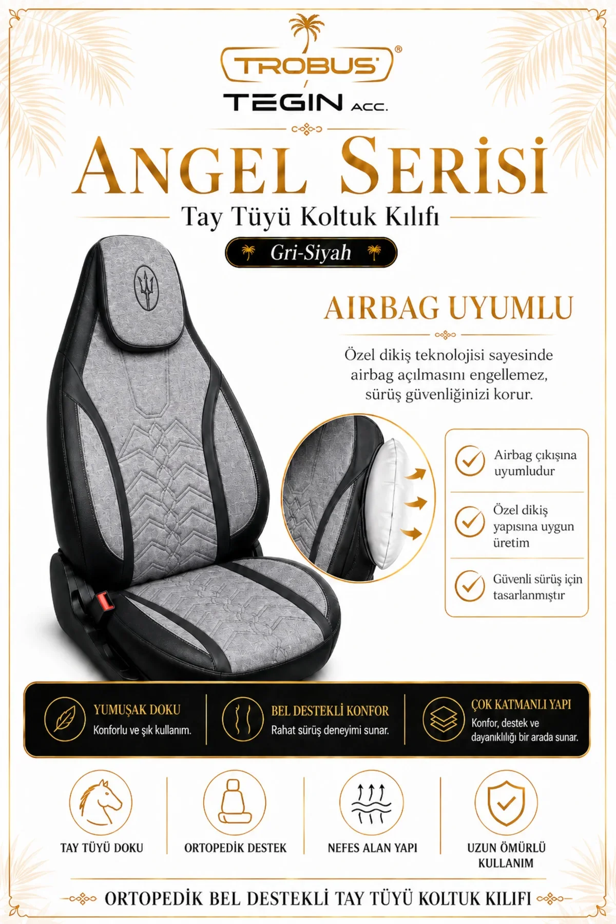 Citroen C5 2008-2017 Uyumlu Angel Serisi Tay Tüyü Koltuk Kılıfı Gri Siyah - Görsel 4