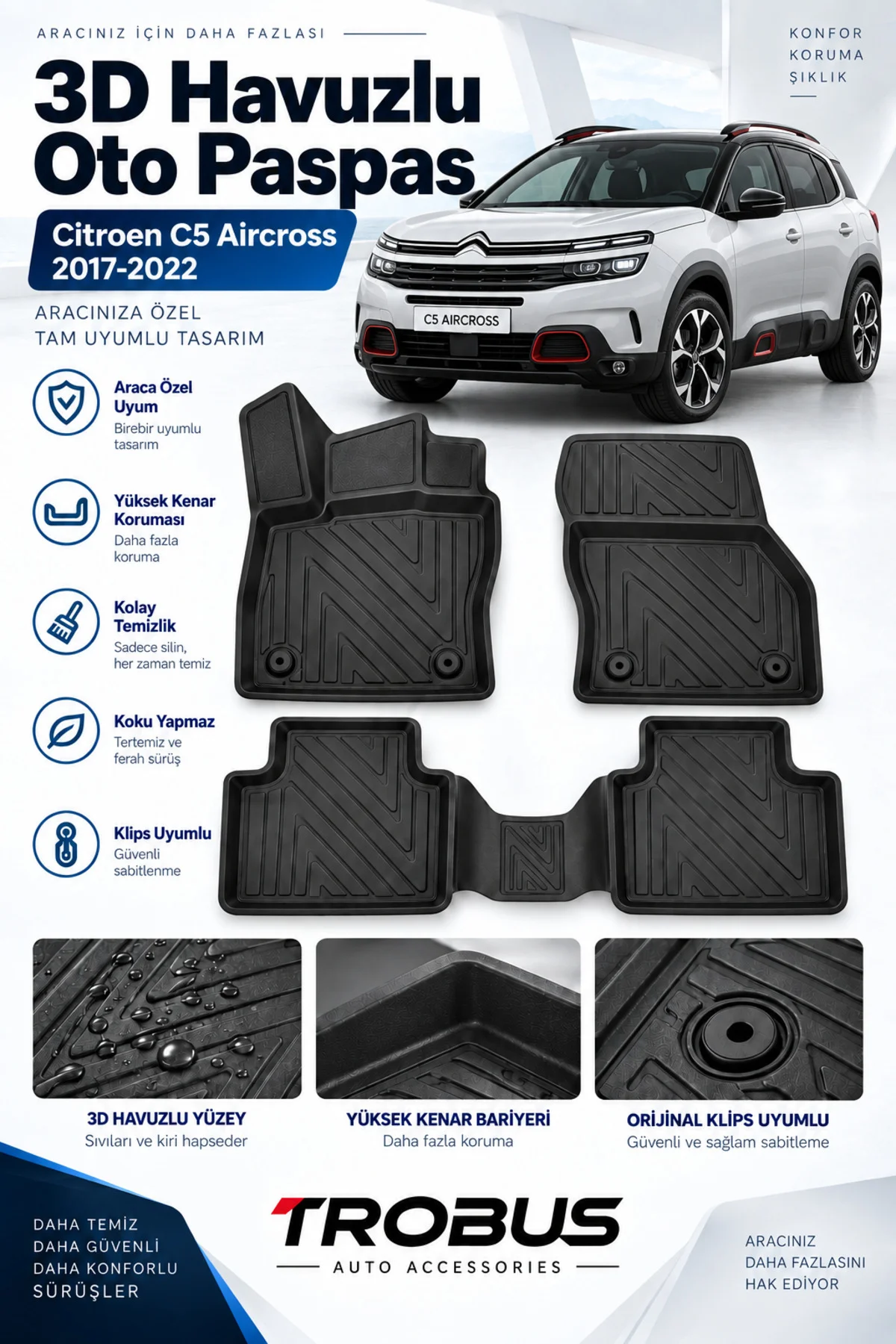 Citroen C5 Aircross 2017-2021 Karbon Desenli Premium 3D Havuzlu Oto Paspas