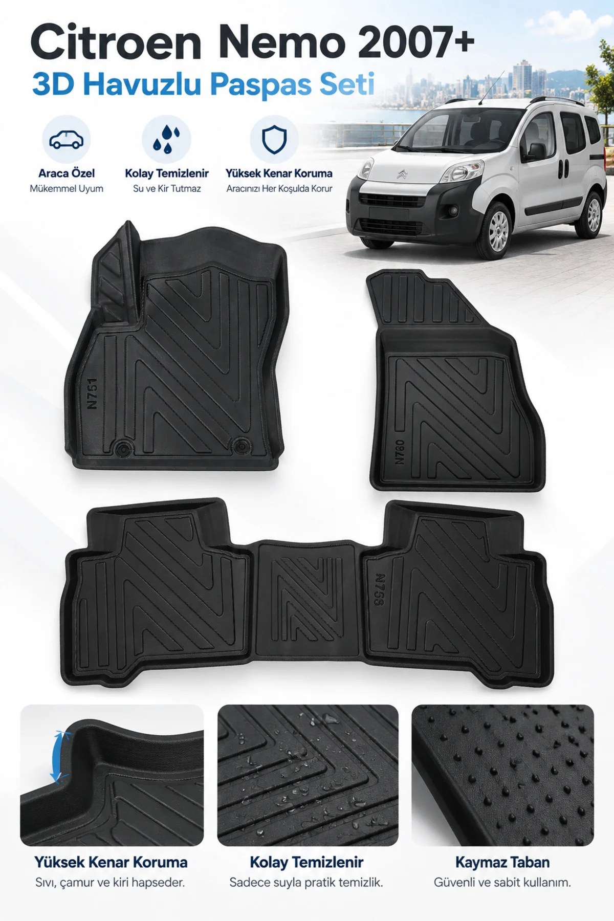 Citroen Nemo 2007-2017 Karbon Desenli Premium 3D Havuzlu Oto Paspas