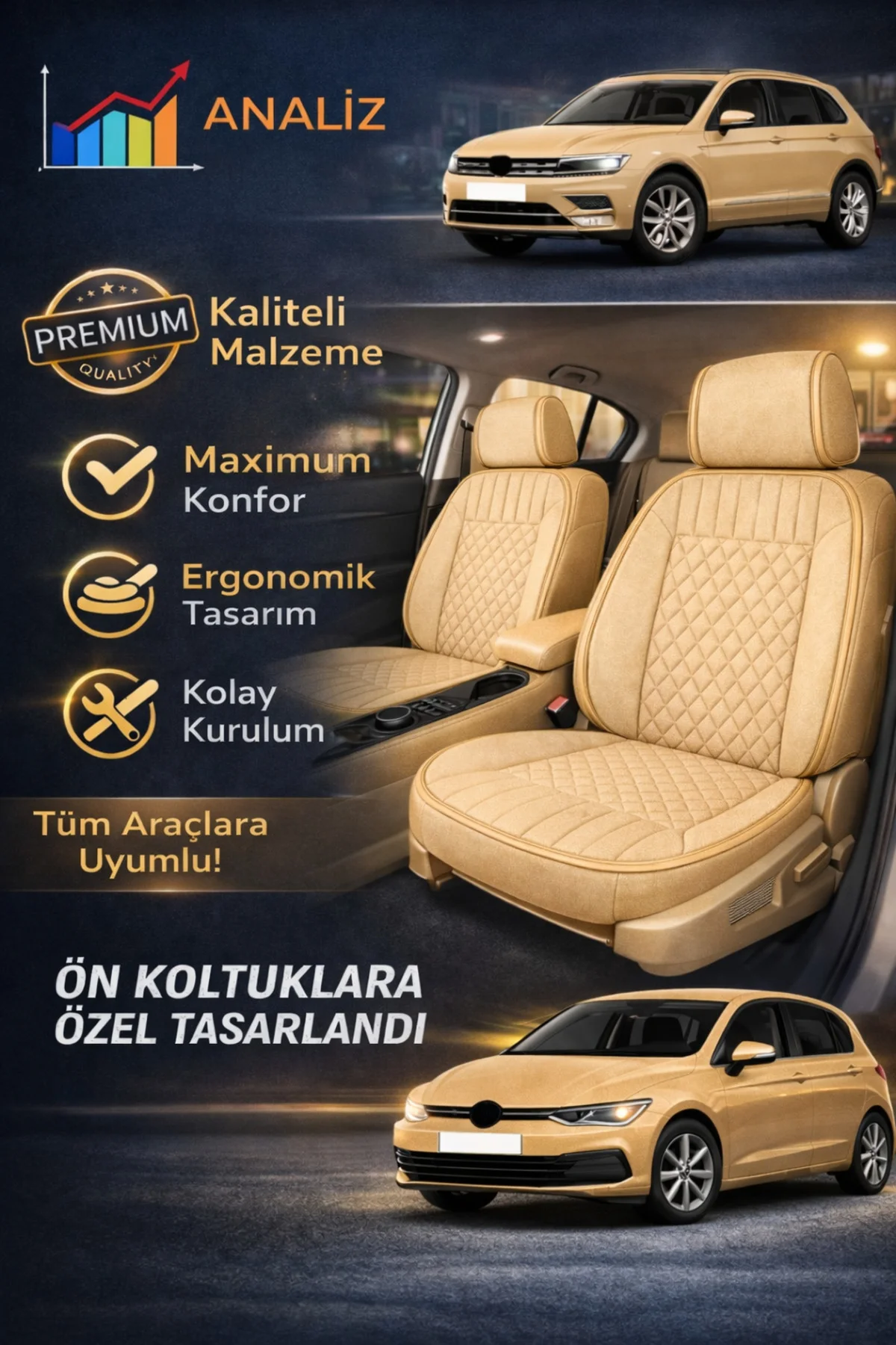 Citroen Nemo 2008-2014 Uyumlu Eren Daimond Bej 2'li Minder Seti