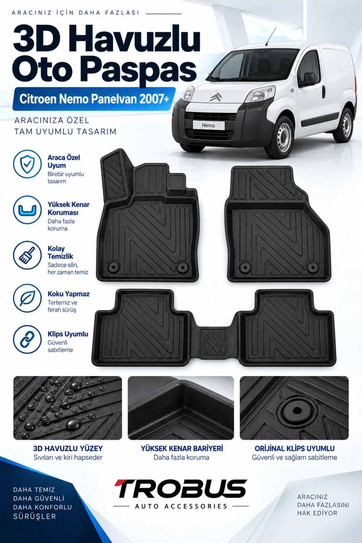 Citroen Nemo Panelvan 2008-2017 Karbon Desenli Premium 3D Havuzlu Oto Paspas 2 Parça Ön Takım
