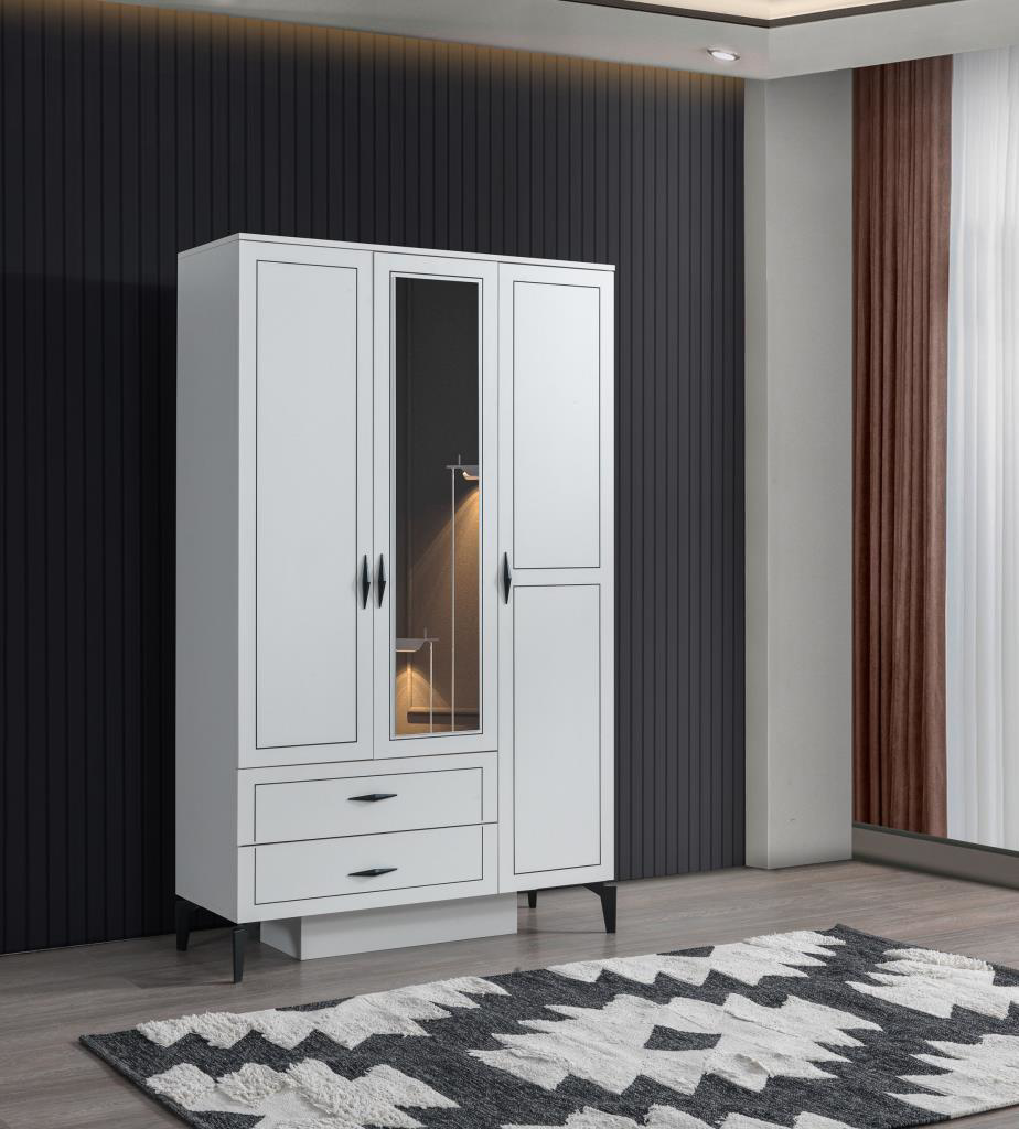 Sivas Gözde Mobilya Çizgi 3 Kapili 2 Çekmeceli Gardirop Elbise Dolabi 120X47x200