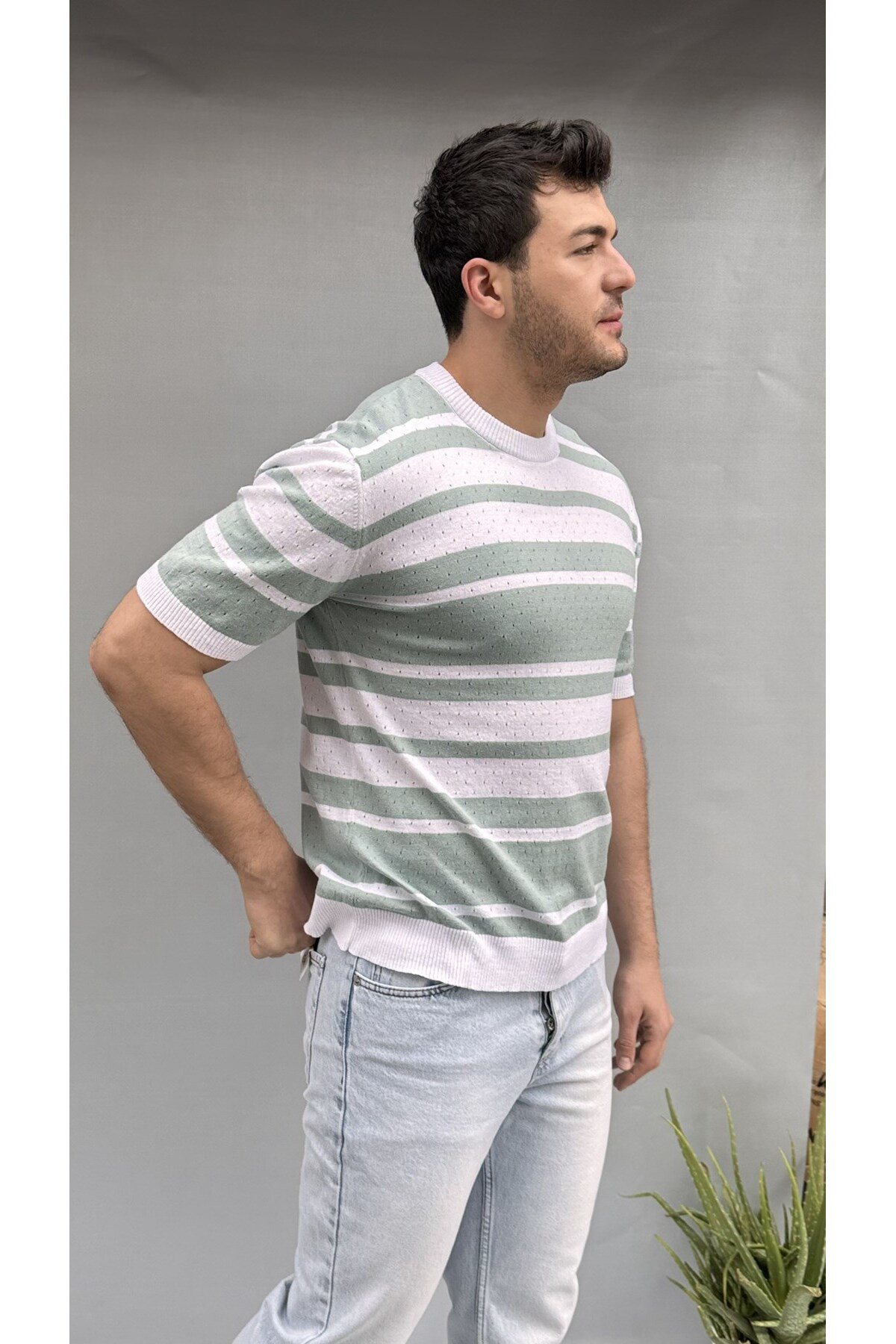 Casualmen32 Çizgi Detay Delikli Triko T-Shirt