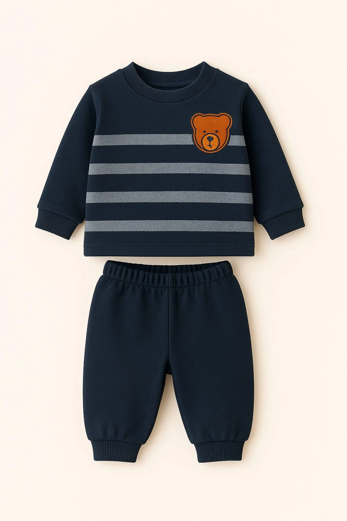 Çizgili Ayıcık Baskılı Kışlık Unisex Polar Bebek Takım Kız ve Erk