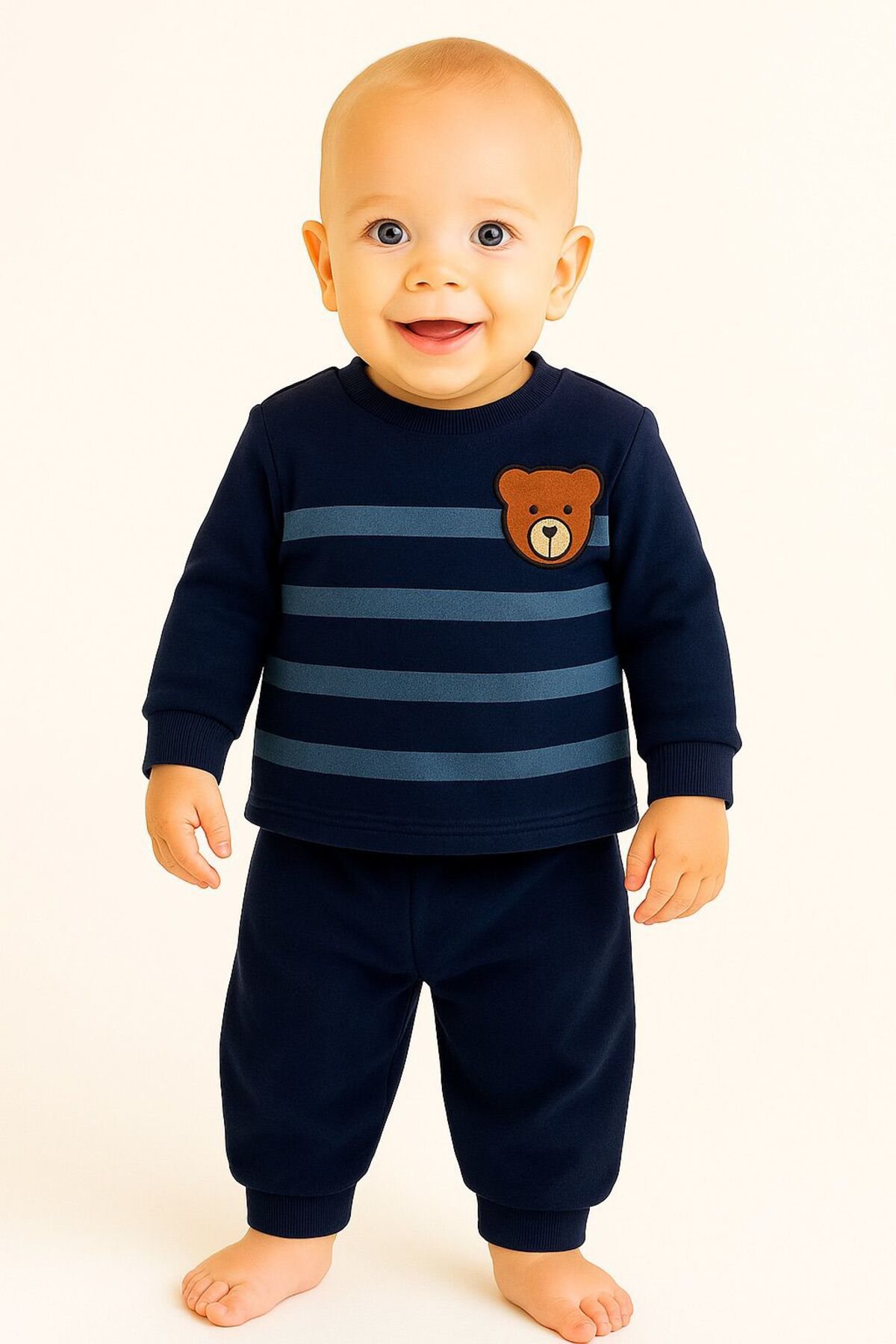 Oz Baby Çizgili Ayıcık Baskılı Kışlık Unisex Polar Bebek Takım Kız Ve Erk