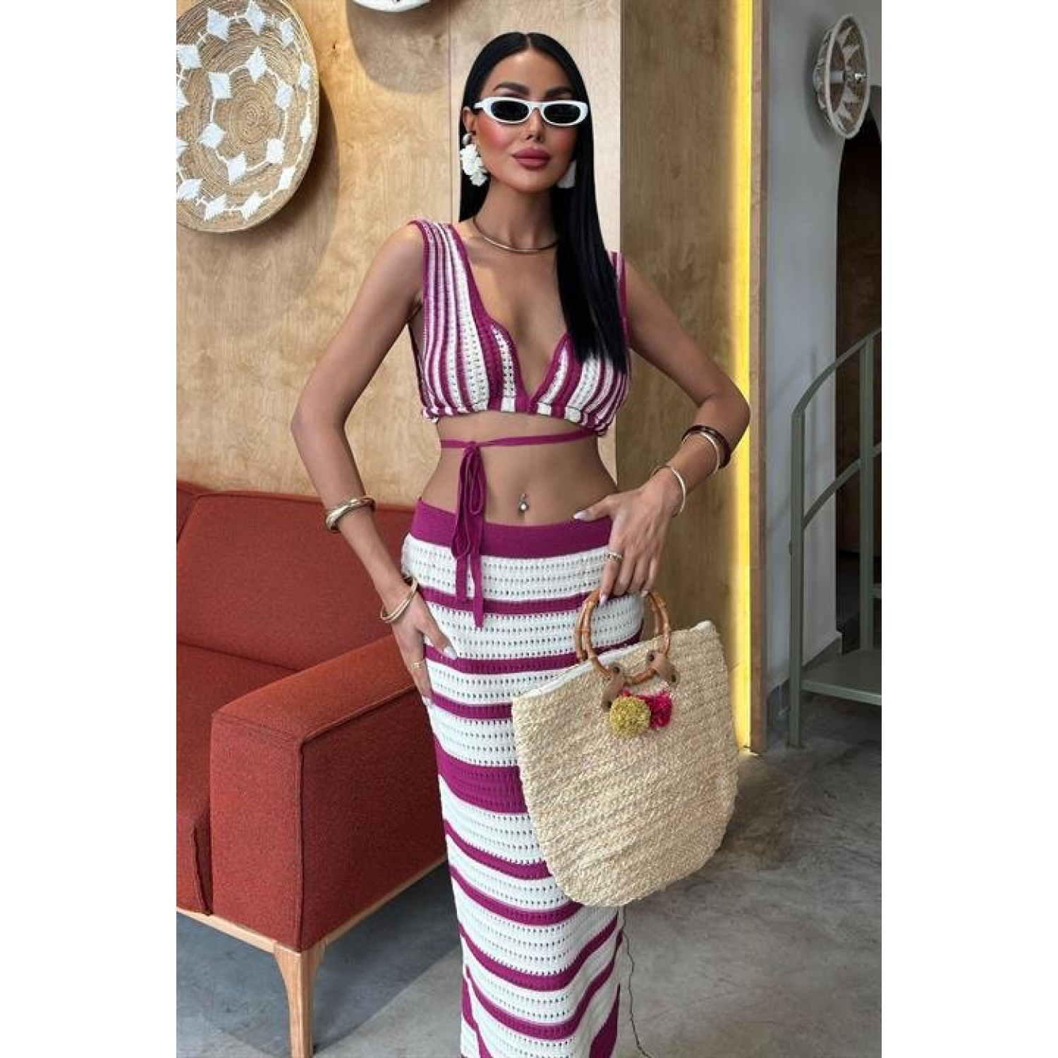 Çizgili Bikini Üst Ve Etek Lucky Life Kadın Triko Takım