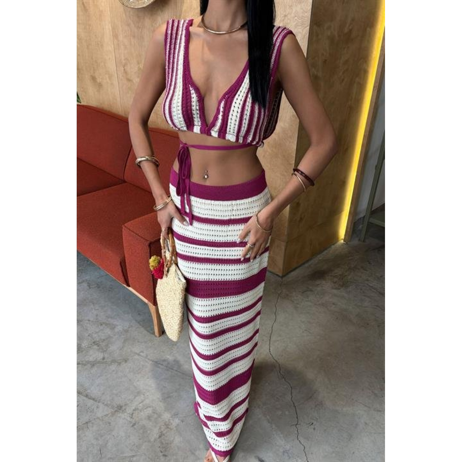 Çizgili Bikini Üst Ve Etek Lucky Life Kadın Triko Takım