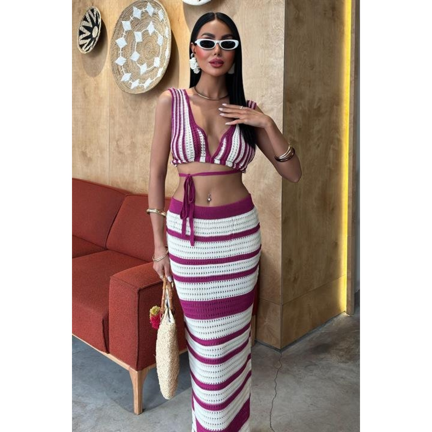 Çizgili Bikini Üst Ve Etek Lucky Life Kadın Triko Takım