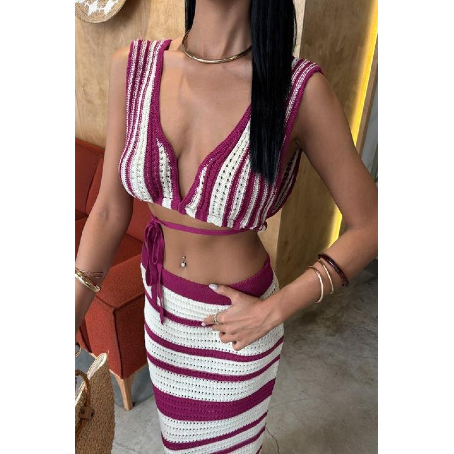Çizgili Bikini Üst Ve Etek Lucky Life Kadın Triko Takım
