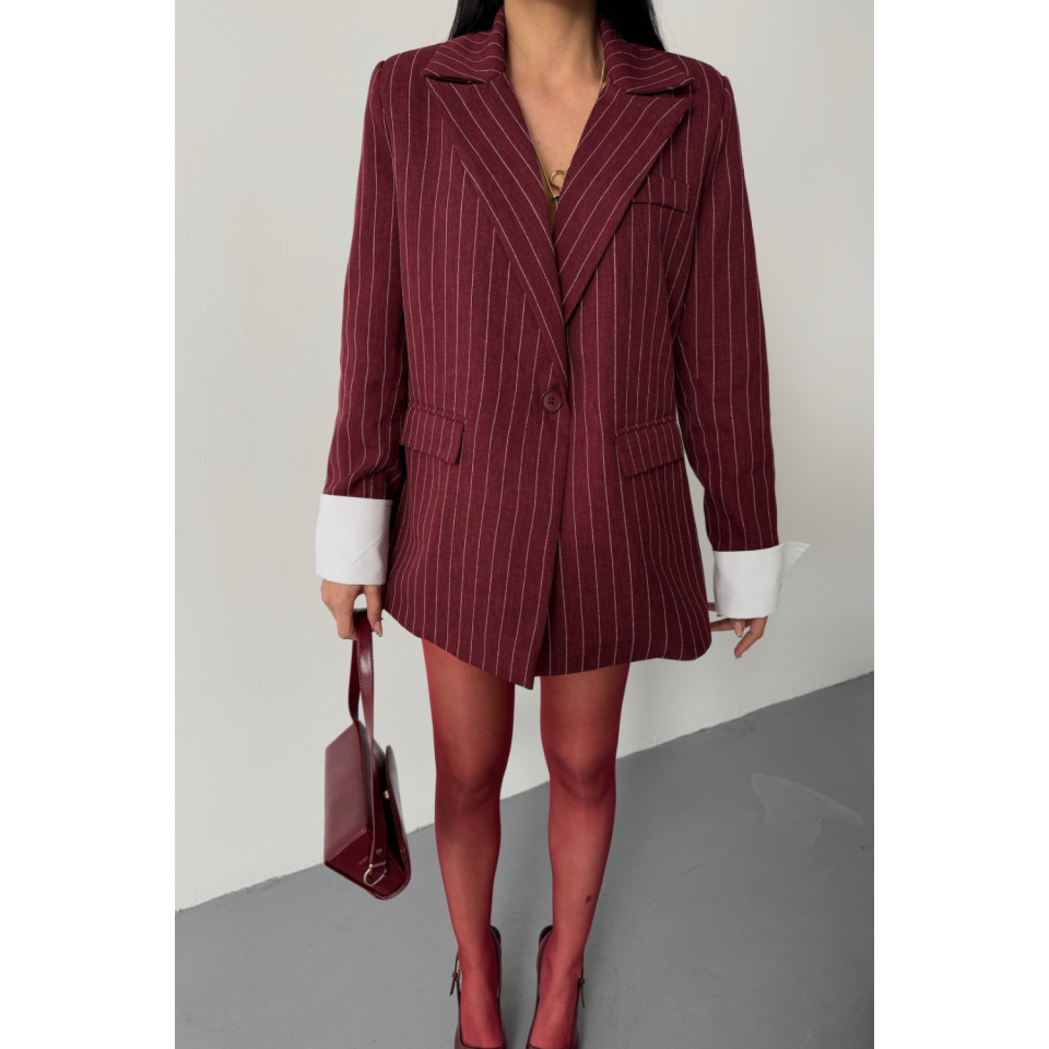 ÇİZGİLİ CEKET Lucky Life Kadın TEK DÜĞME EKRU MANŞET - Bordo