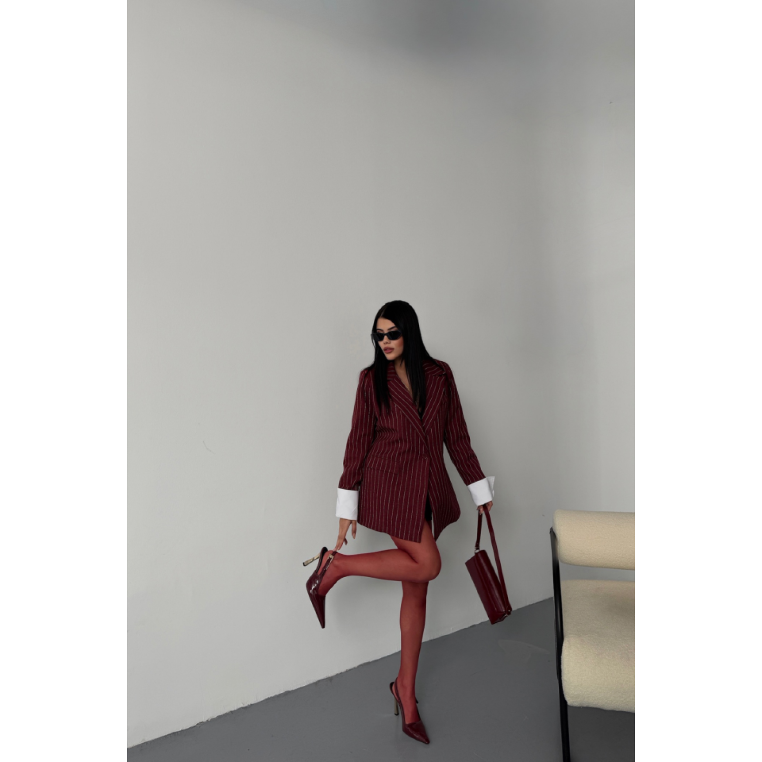 ÇİZGİLİ CEKET Lucky Life Kadın TEK DÜĞME EKRU MANŞET - Bordo