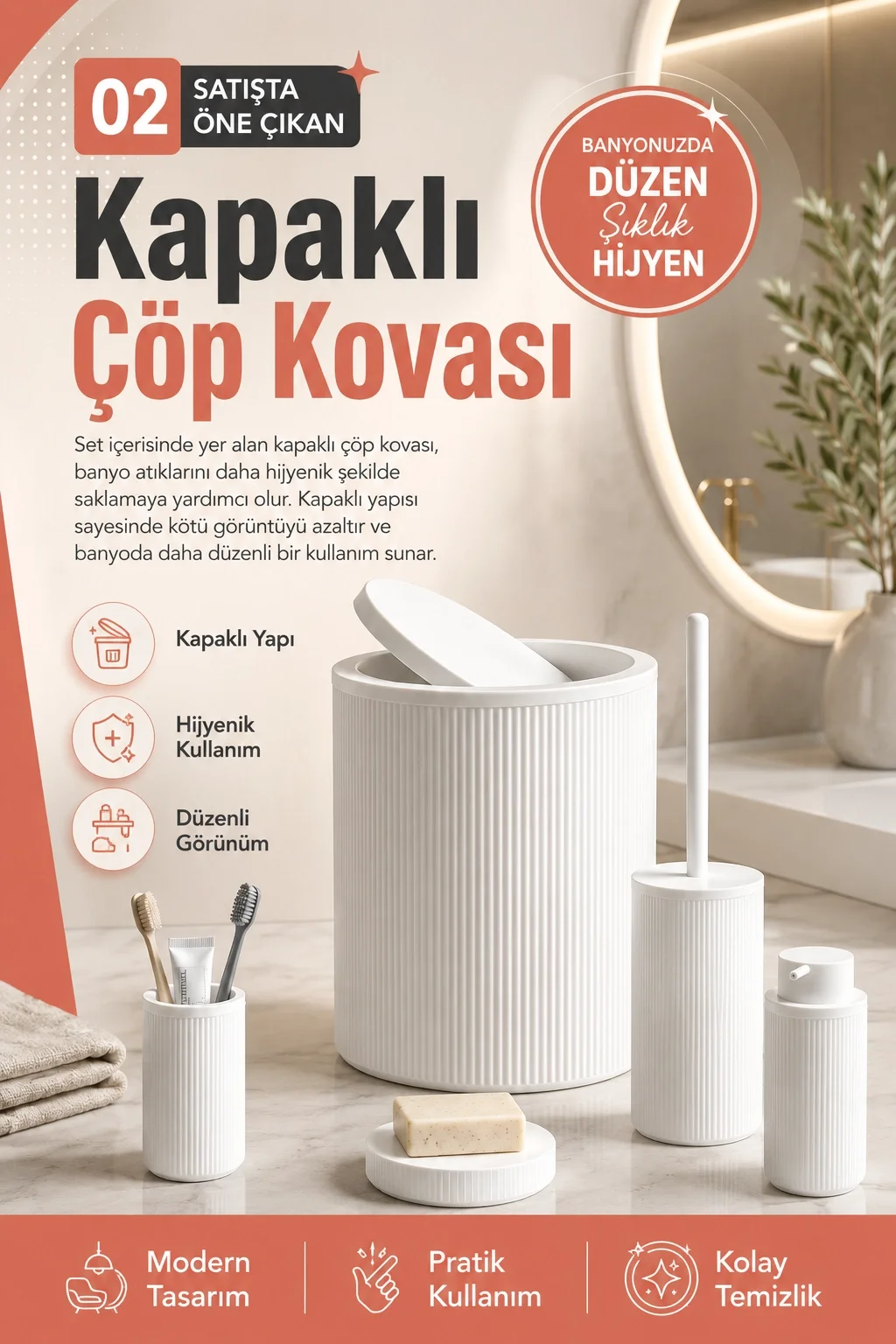 Çizgili Desenli Beyaz 5 Parça Banyo Seti Sıvı Sabunluk Sabunluk ve Diş Fırçalık
