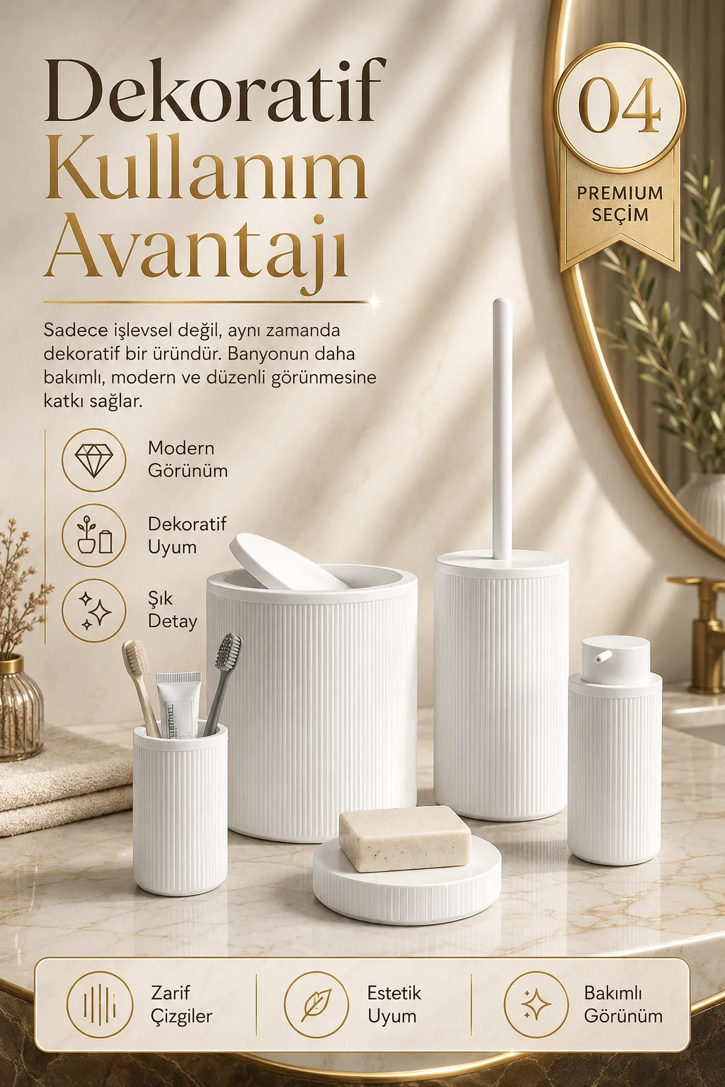 Çizgili Desenli Beyaz 5 Parça Banyo Seti Sıvı Sabunluk Sabunluk ve Diş Fırçalık