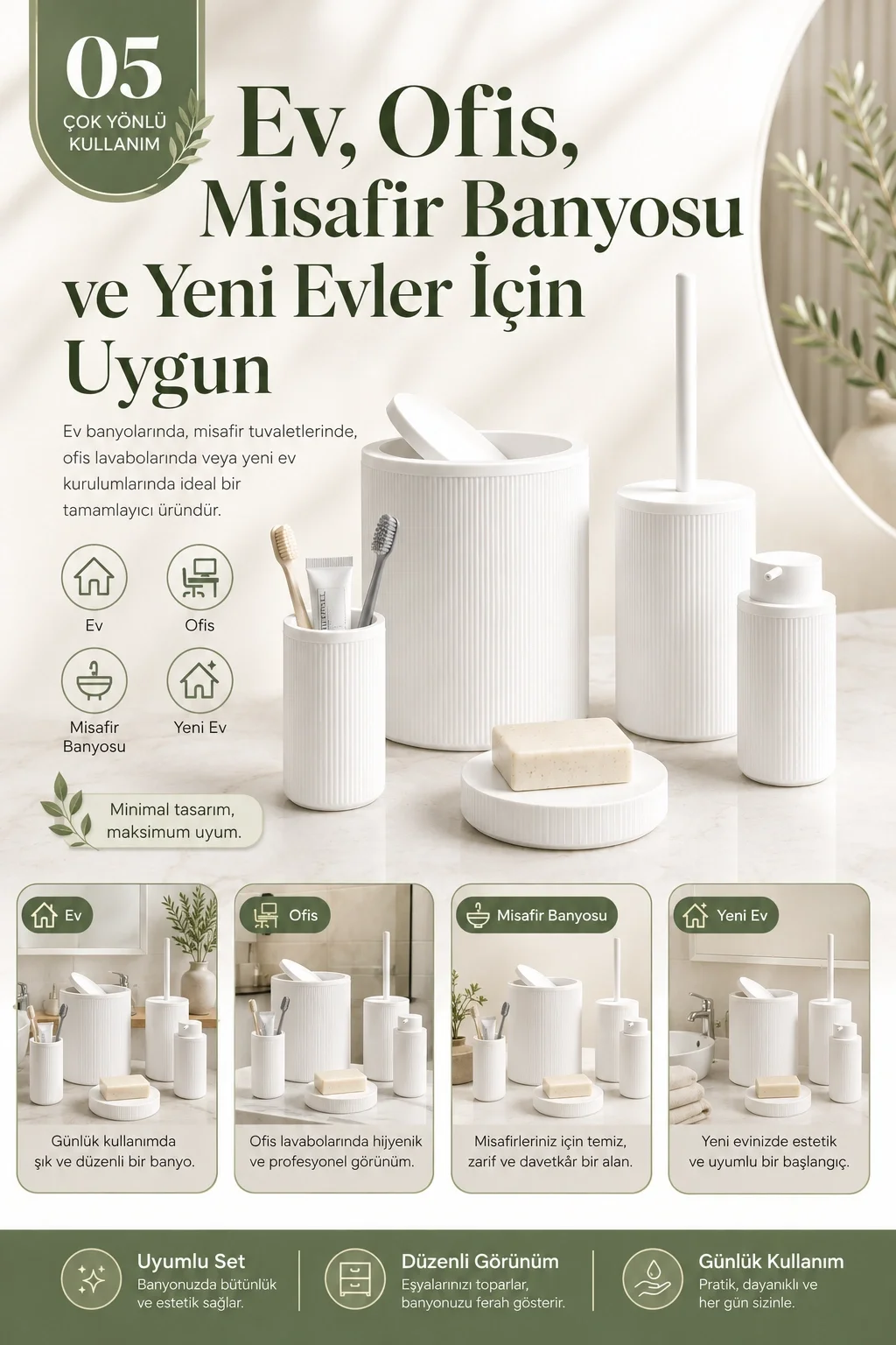 Çizgili Desenli Beyaz 5 Parça Banyo Seti Sıvı Sabunluk Sabunluk ve Diş Fırçalık