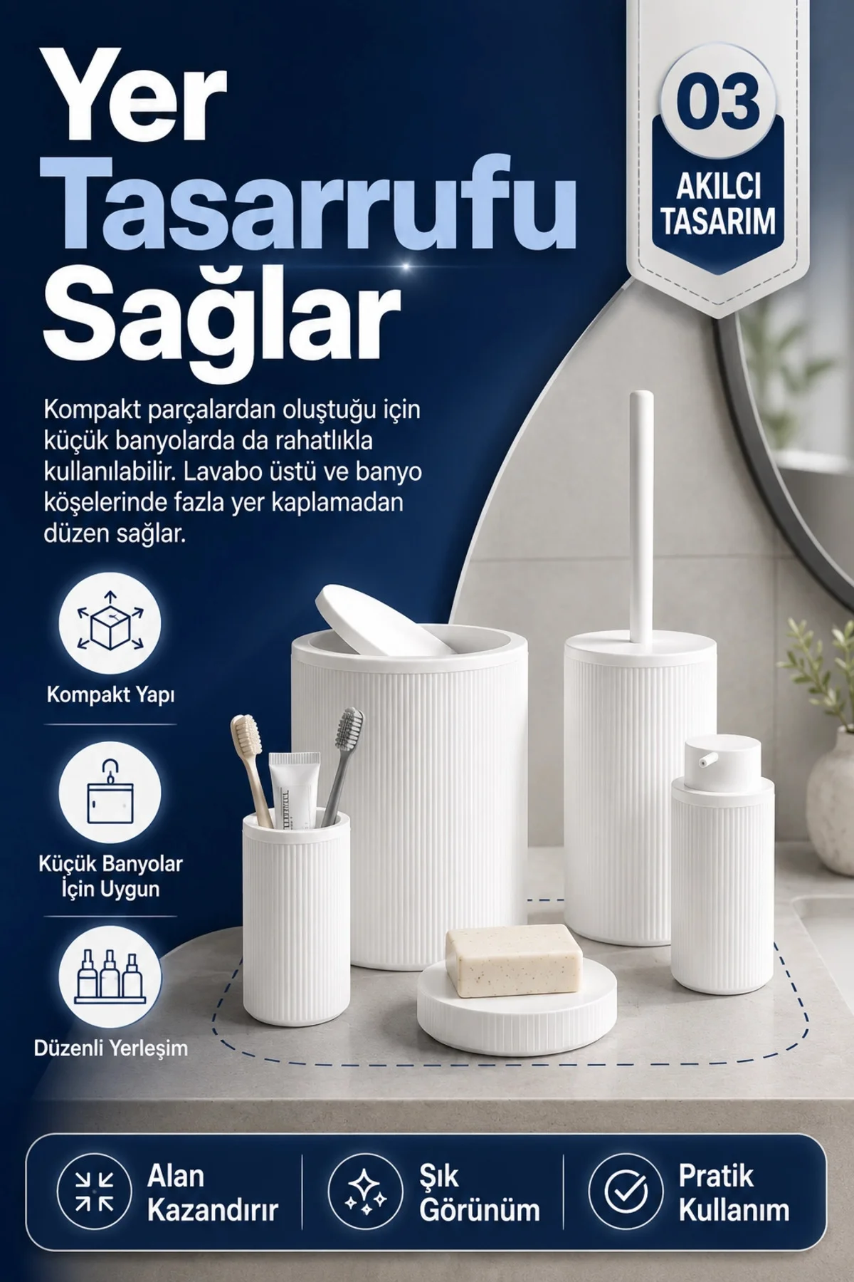 Çizgili Desenli Beyaz 5 Parça Banyo Seti Sıvı Sabunluk Sabunluk v