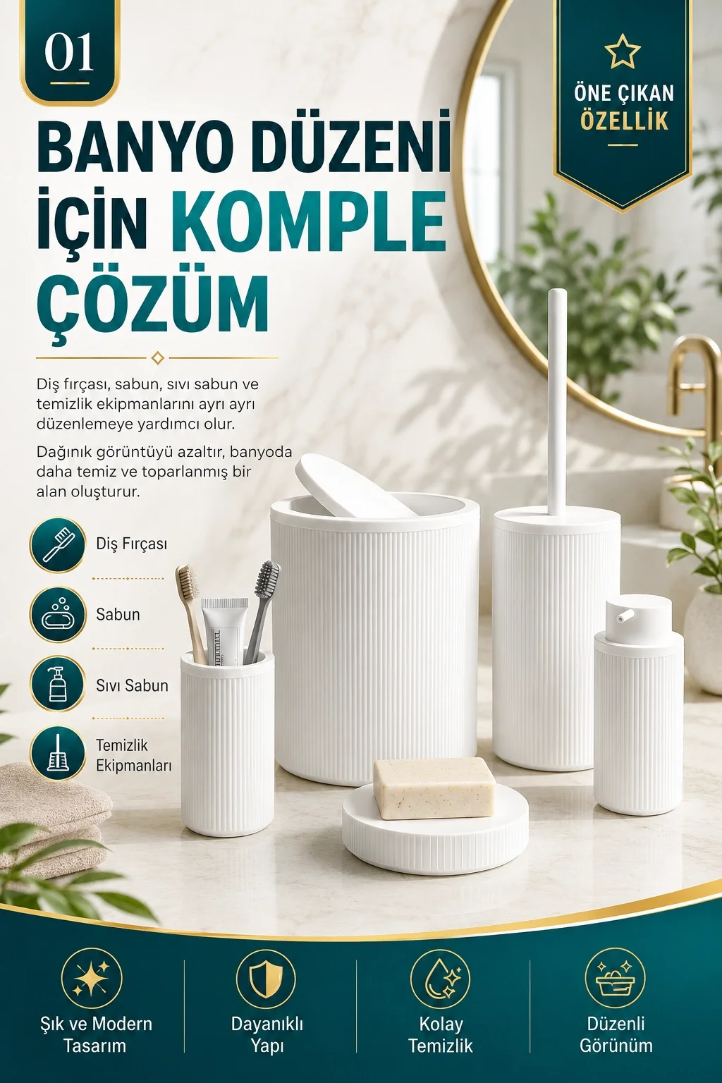 Çizgili Desenli Beyaz 5 Parça Banyo Seti Sıvı Sabunluk Sabunluk ve Diş Fırçalık