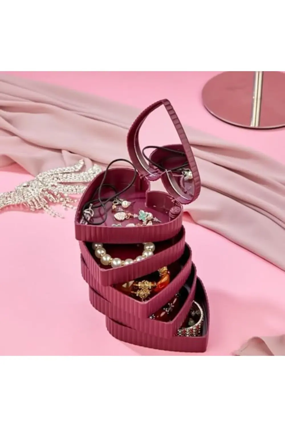 Çizgili Desenli Kalpli Mina 5 Katlı Aynalı Takı Organizeri Aynalı