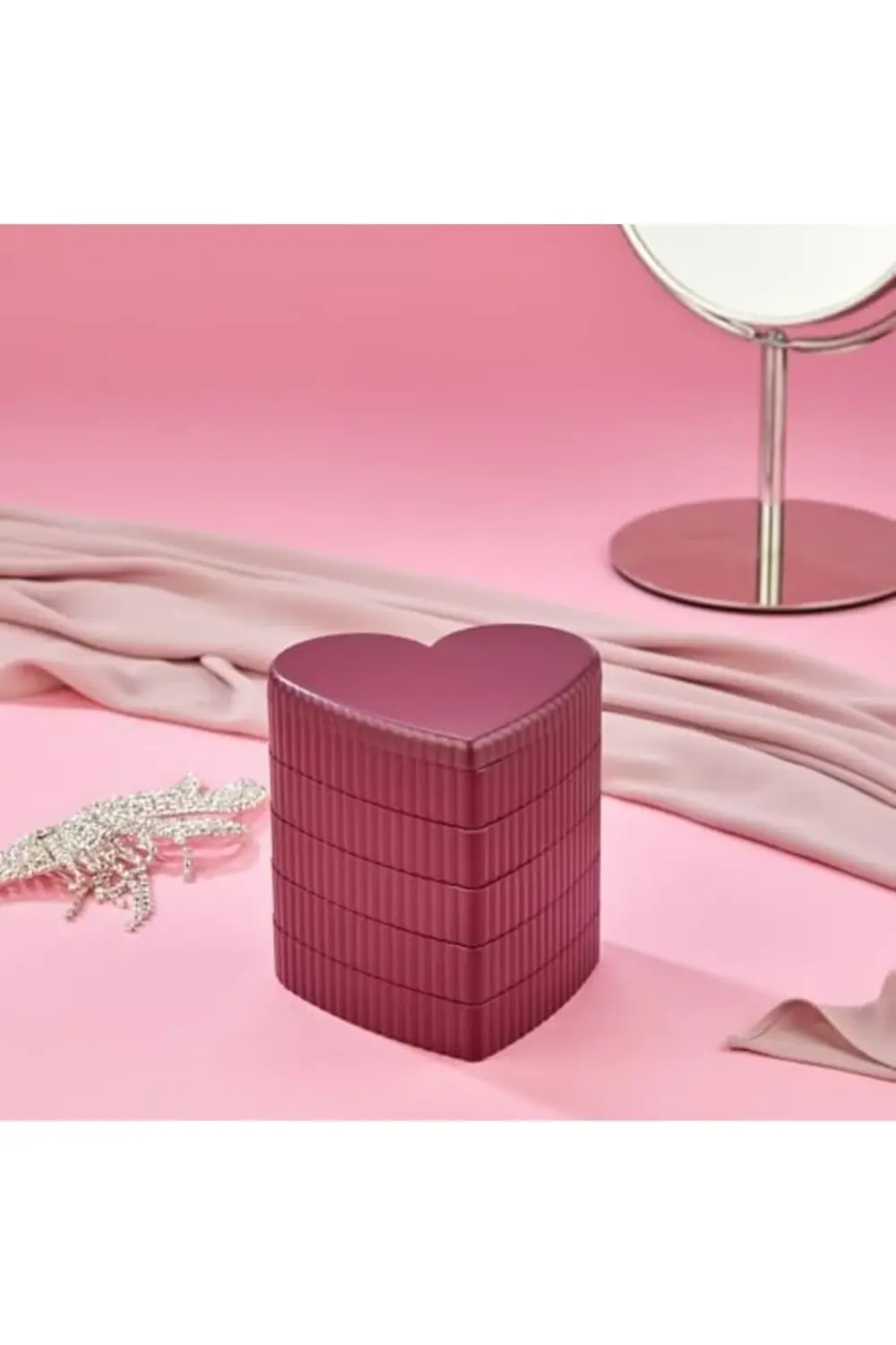 Çizgili Desenli Kalpli Mina 5 Katlı Aynalı Takı Organizeri Aynalı