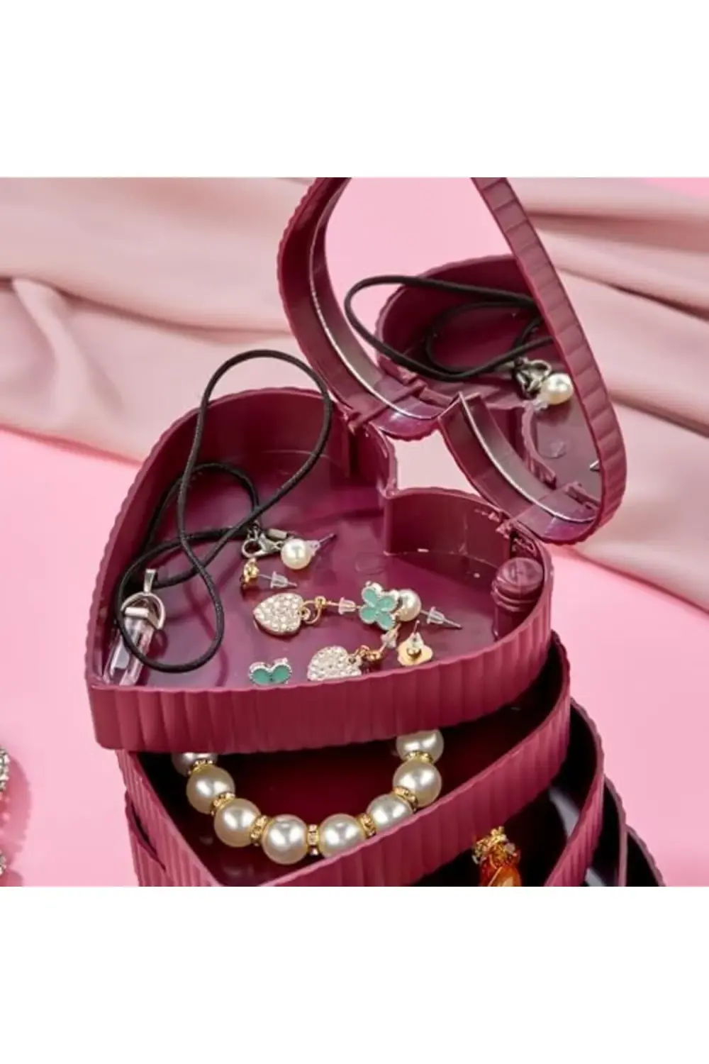 Çizgili Desenli Kalpli Mina 5 Katlı Aynalı Takı Organizeri Aynalı