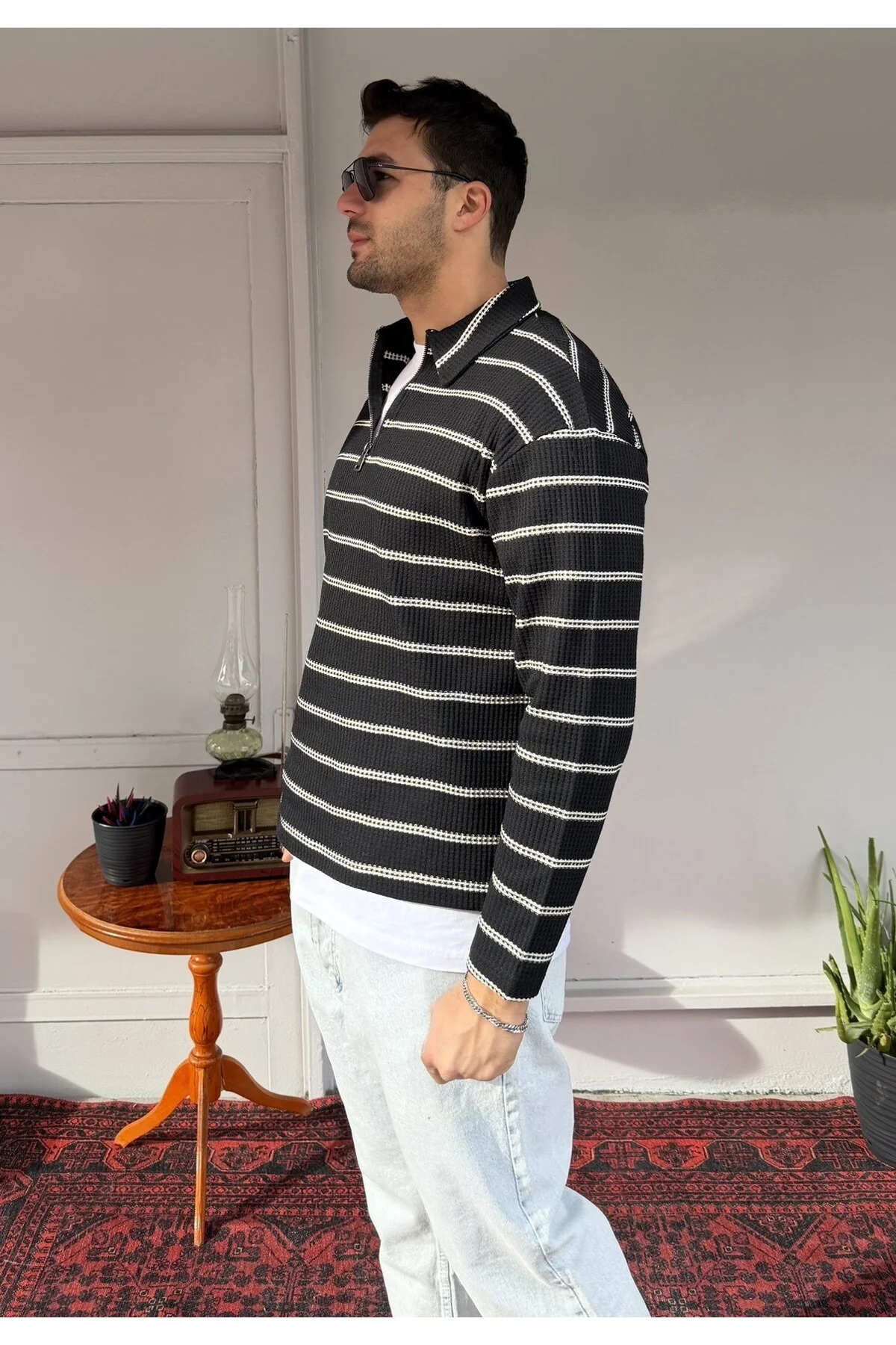 Çizgili Polo Fermuarlı Yaka Triko