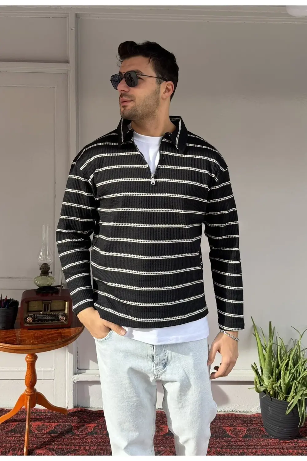 Çizgili Polo Fermuarlı Yaka Triko