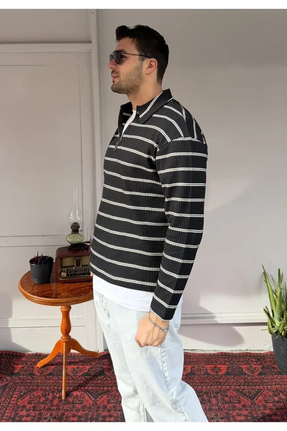 Çizgili Polo Fermuarlı Yaka Triko