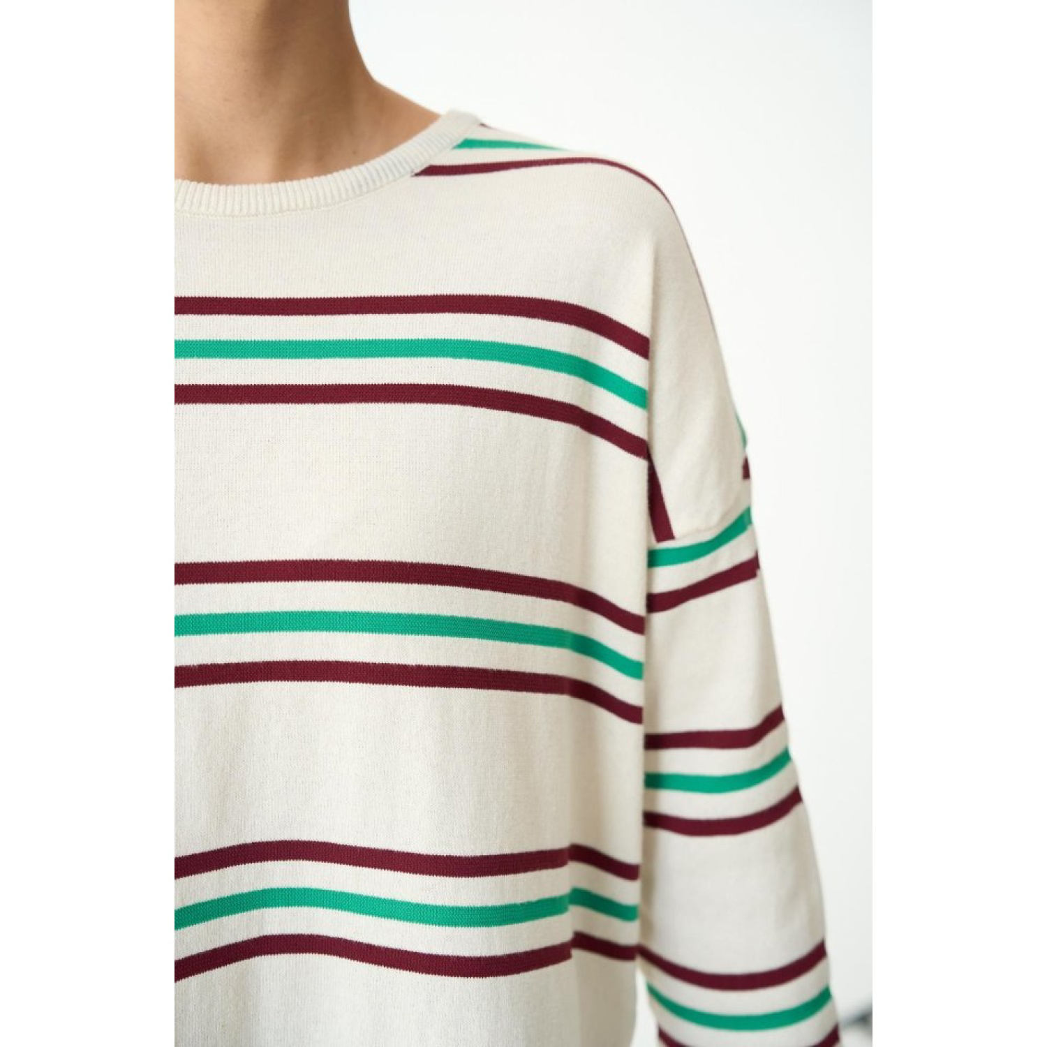 Çizgili Triko Kazak - Ekru-Bordo Çizgili Triko Kazak - Ekru-Bordo