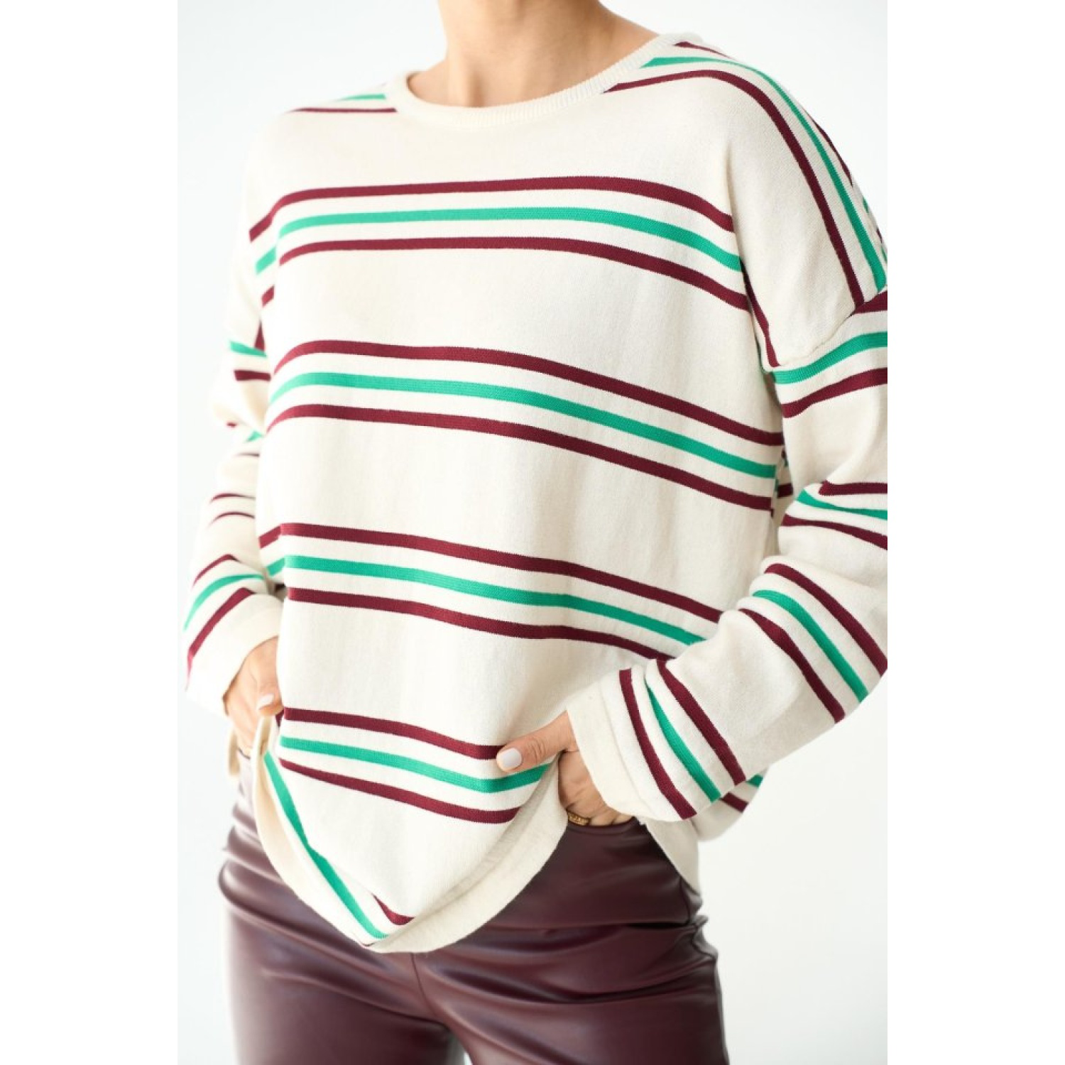 Çizgili Triko Kazak - Ekru-Bordo Çizgili Triko Kazak - Ekru-Bordo