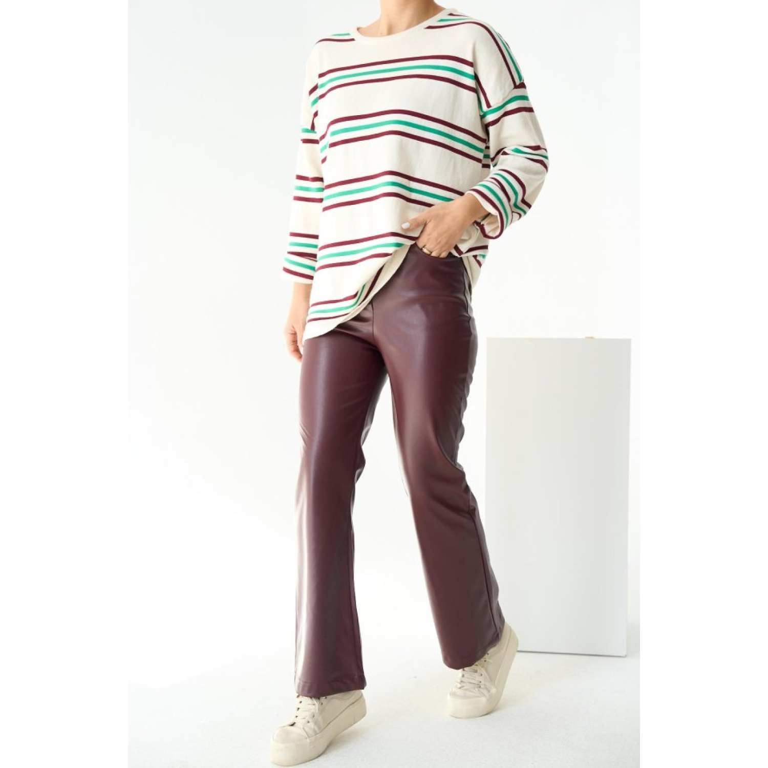 Çizgili Triko Kazak - Ekru-Bordo Çizgili Triko Kazak - Ekru-Bordo