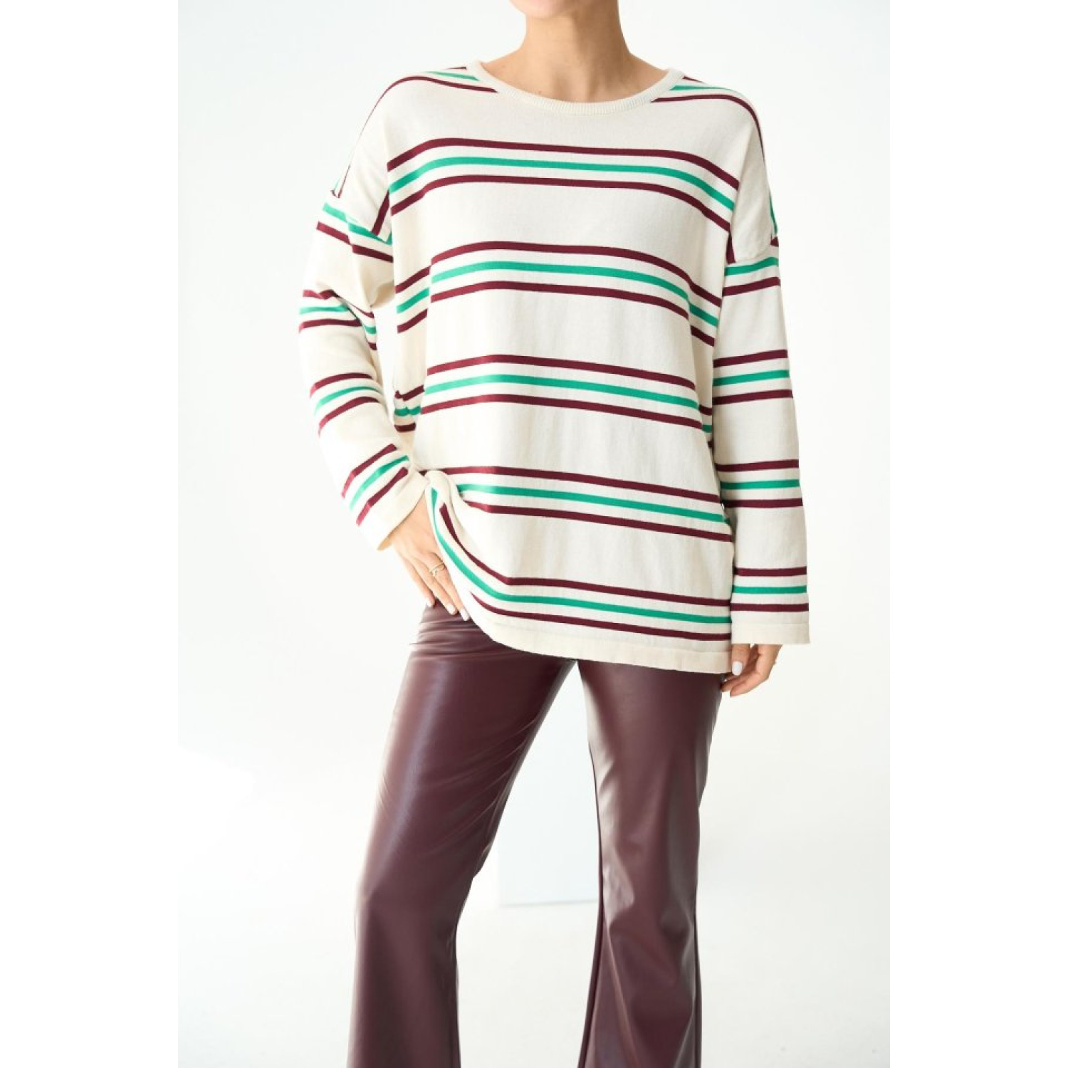 Çizgili Triko Kazak - Ekru-Bordo Çizgili Triko Kazak - Ekru-Bordo