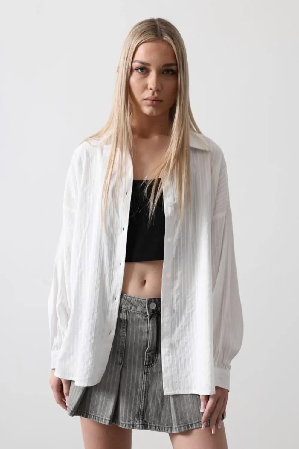 Çizgili Uzun Kol Gömlek - Beyaz