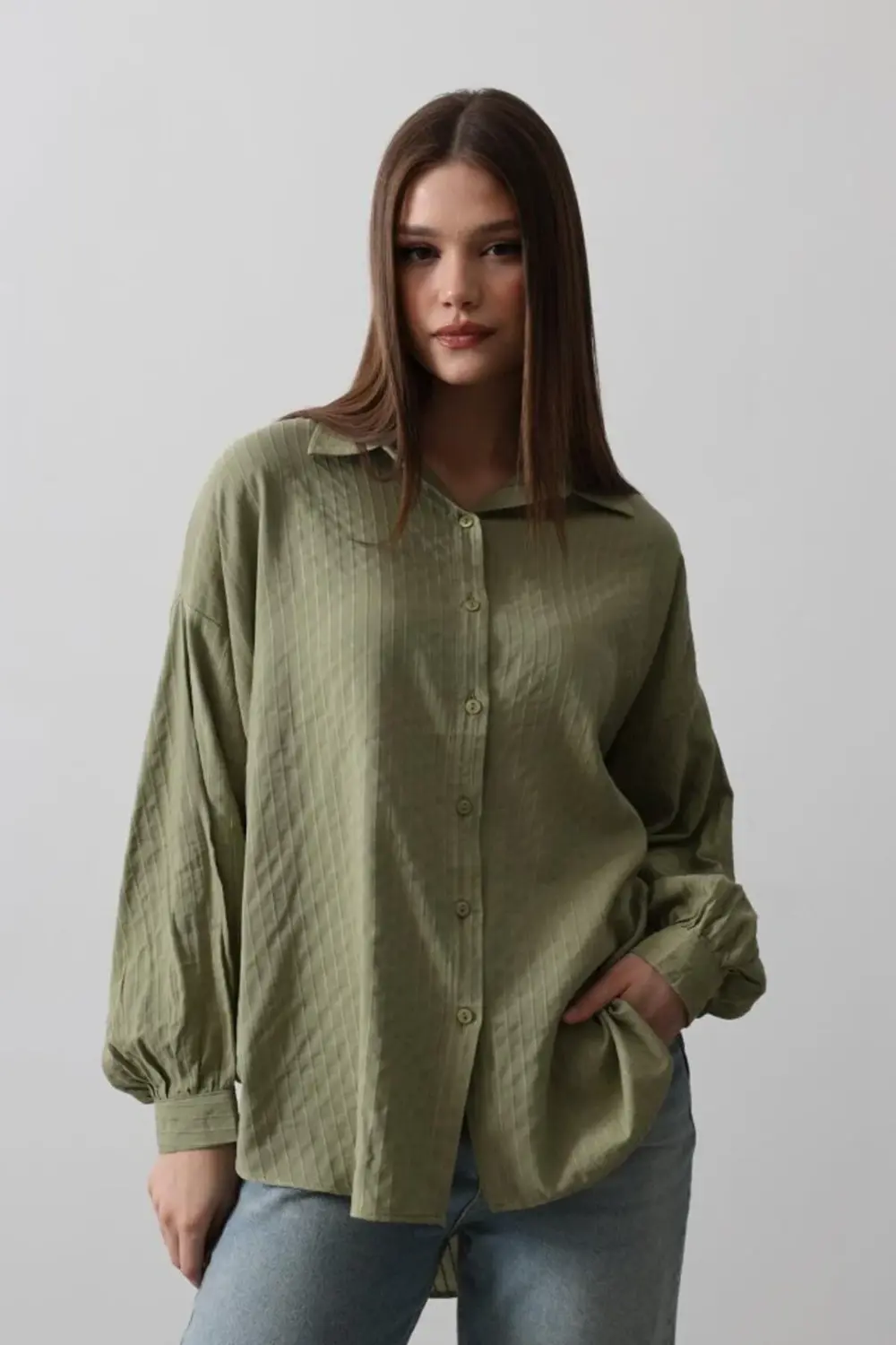 Çizgili Uzun Kol Gömlek - Haki