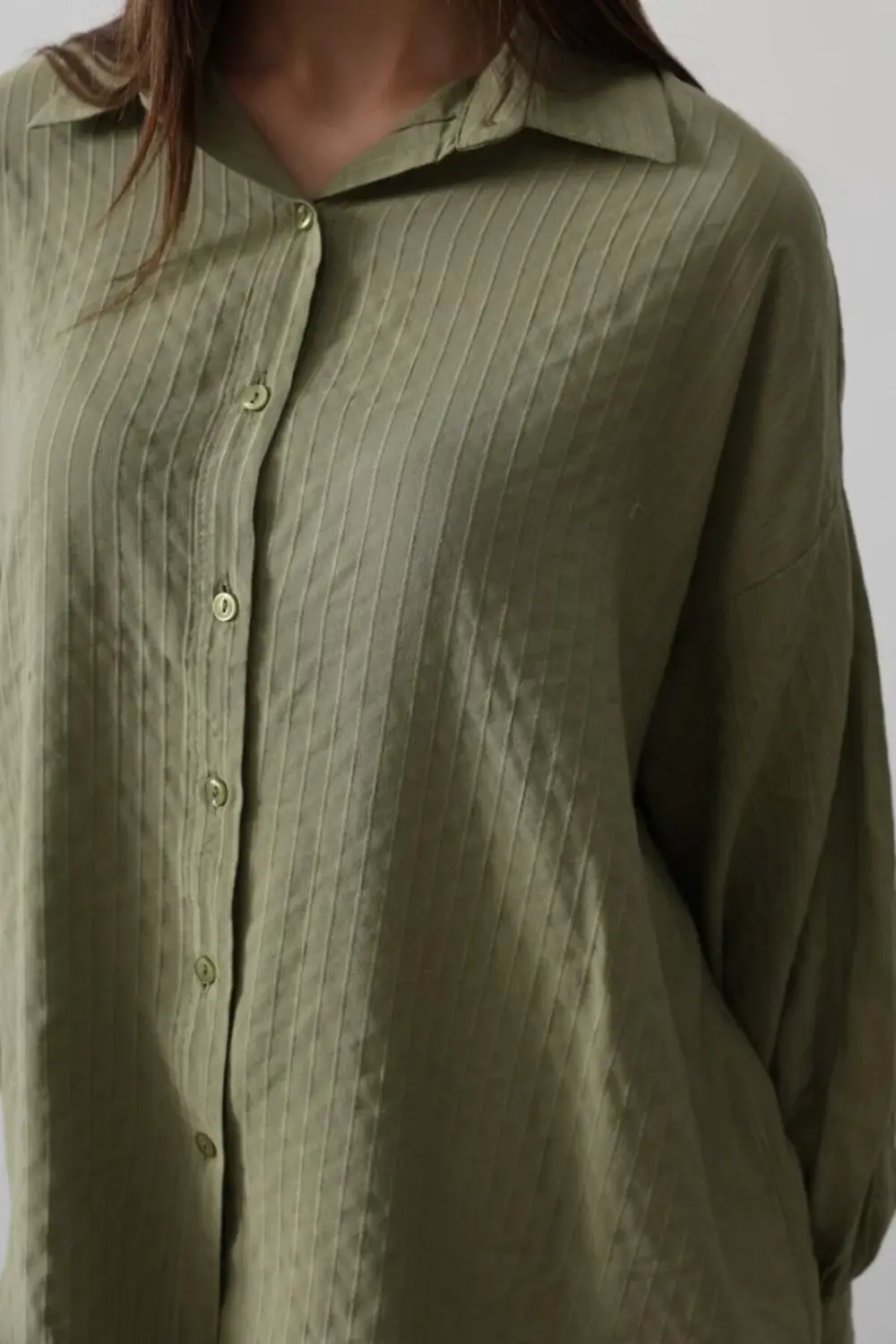 Çizgili Uzun Kol Gömlek - Haki