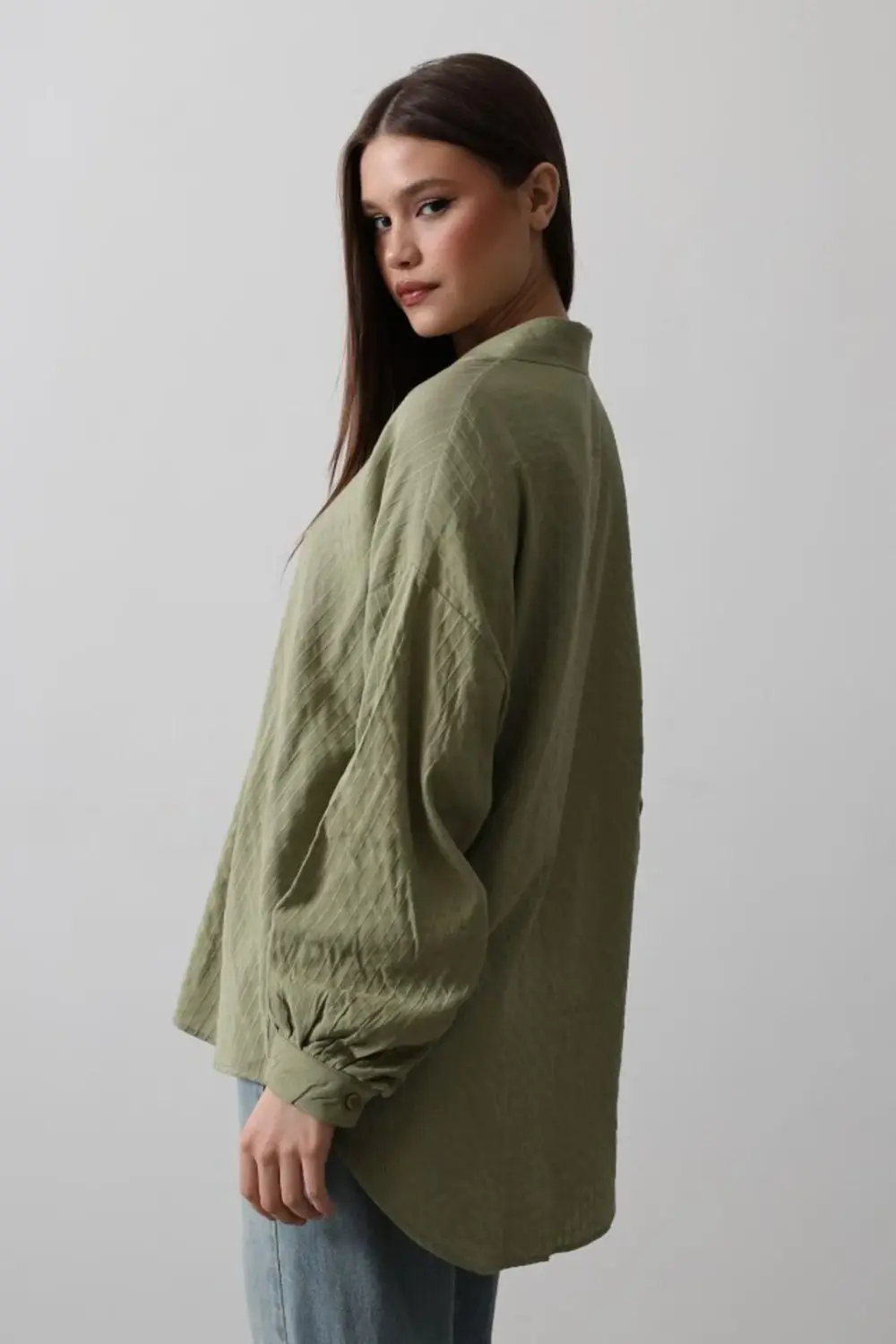 Çizgili Uzun Kol Gömlek - Haki